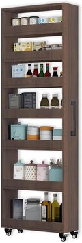 7-Tier Slim Storage Cart, Wooden Rolling Pantry Cabinet with Wheels, Narrow Shelf Organizer for Kitchen, Bakers Rack, Dining Room, Closet, Small Spaces Teak 47.2" H*7.8" W*23.6" D