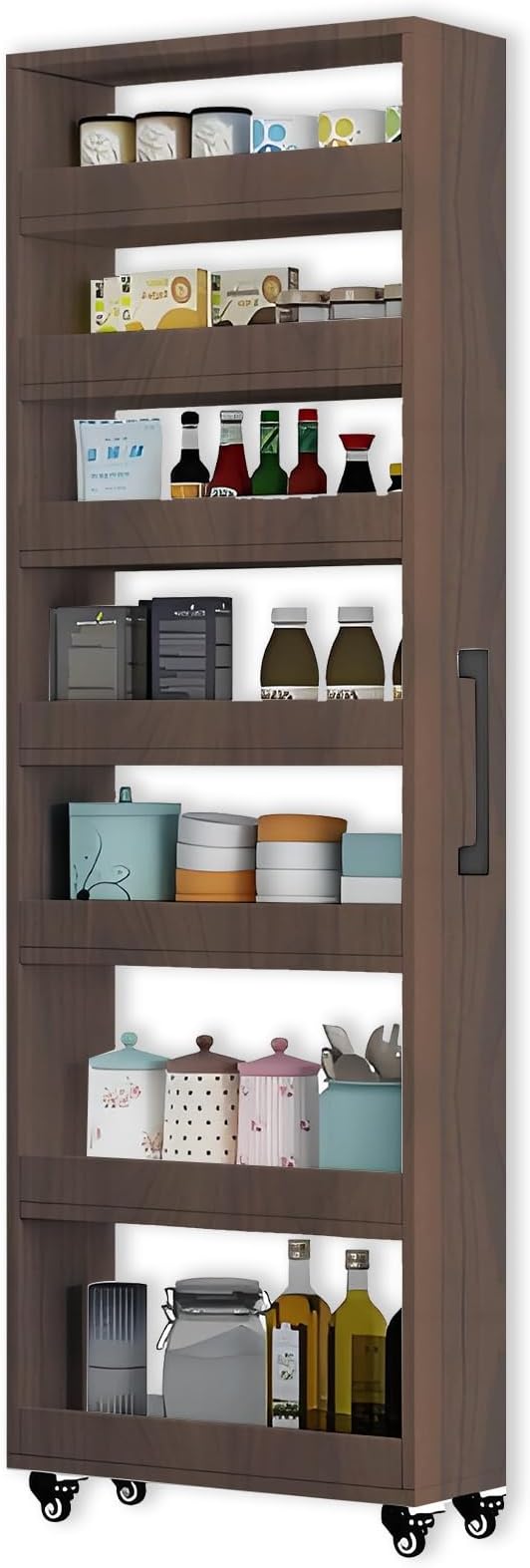 7-Tier Slim Storage Cart, Wooden Rolling Pantry Cabinet with Wheels, Narrow Shelf Organizer for Kitchen, Bakers Rack, Dining Room, Closet, Small Spaces Gray 47.2" H*5.9" W*16.9" D