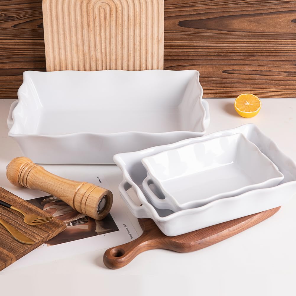 Sweejar Casserole Dishes for Oven, Ceramic Bakeware Set of 3, Rectangular Baking dish with Handles, Wave Edge Lasagna Pan Deep for Cooking, Cake, Dinner, Banquet and Daily Use (White)