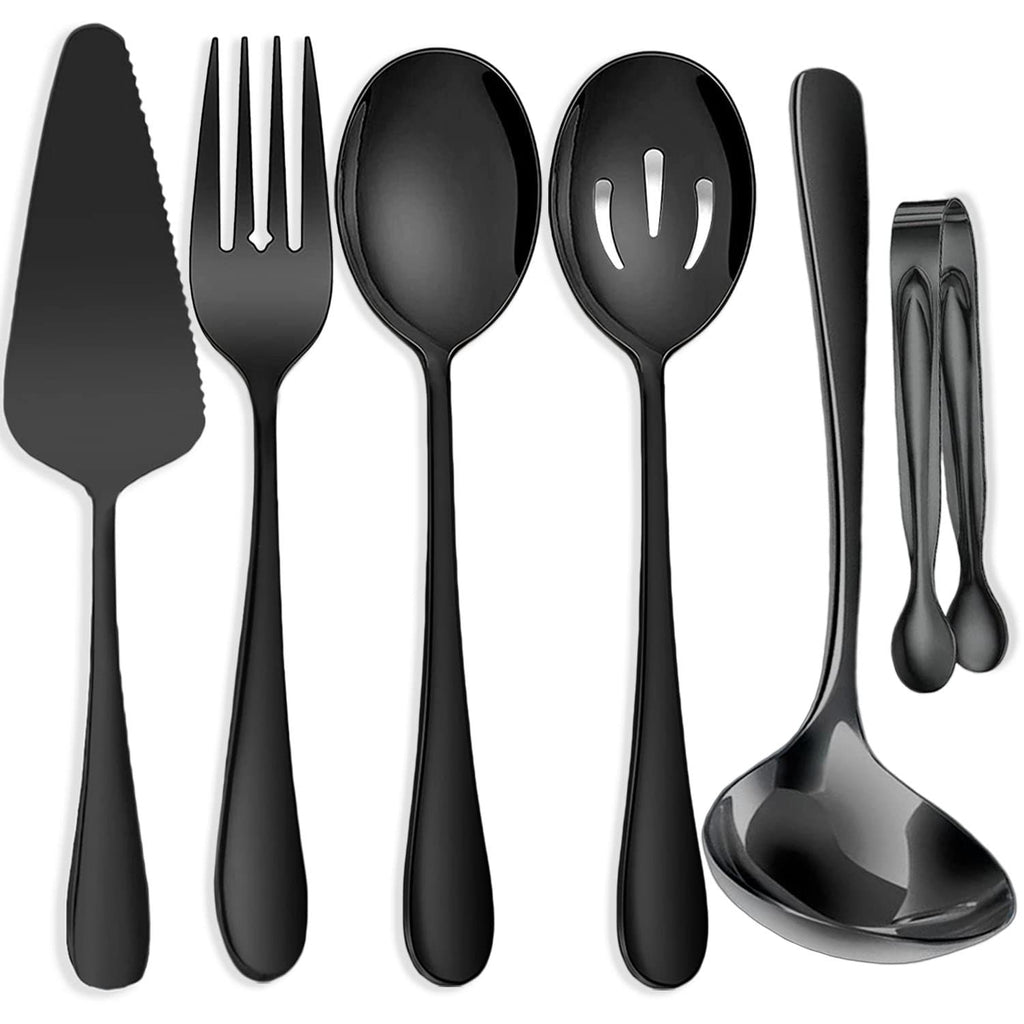 IAXSEE 11 PCS Serving Utensils, Large Stainless Steel Spoons Forks Tongs, Pie Server, Great for Hostess Buffet Catering Banquet Party, Black