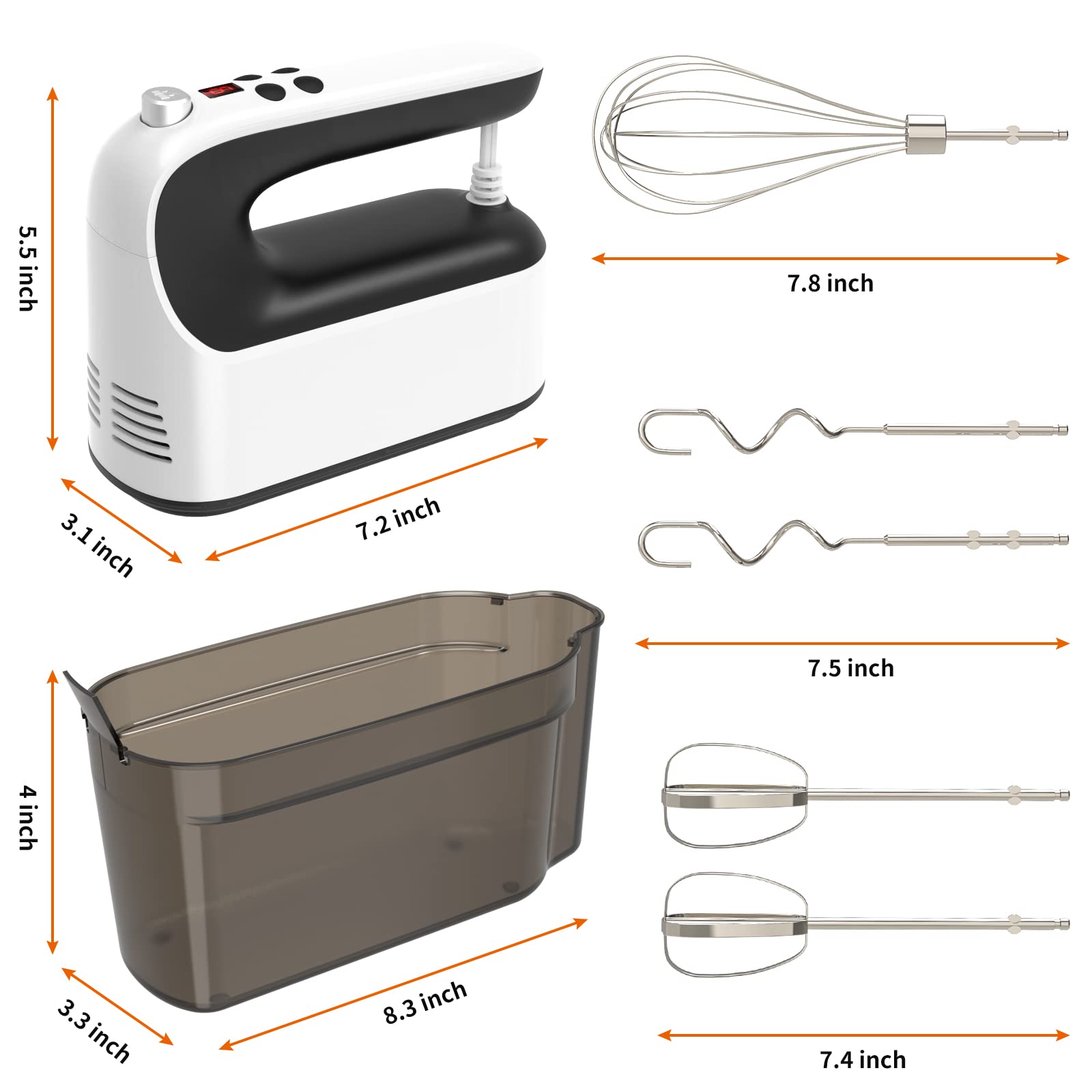Yomelo 9-Speed Digital Hand Mixer Electric, 400W Powerful DC Motor, Hand Mixer Electric Handheld with Snap-On Storage Case, 5 Stainless Steel Accessories, Beaters, Dough Hooks, Whisk(White/Black)