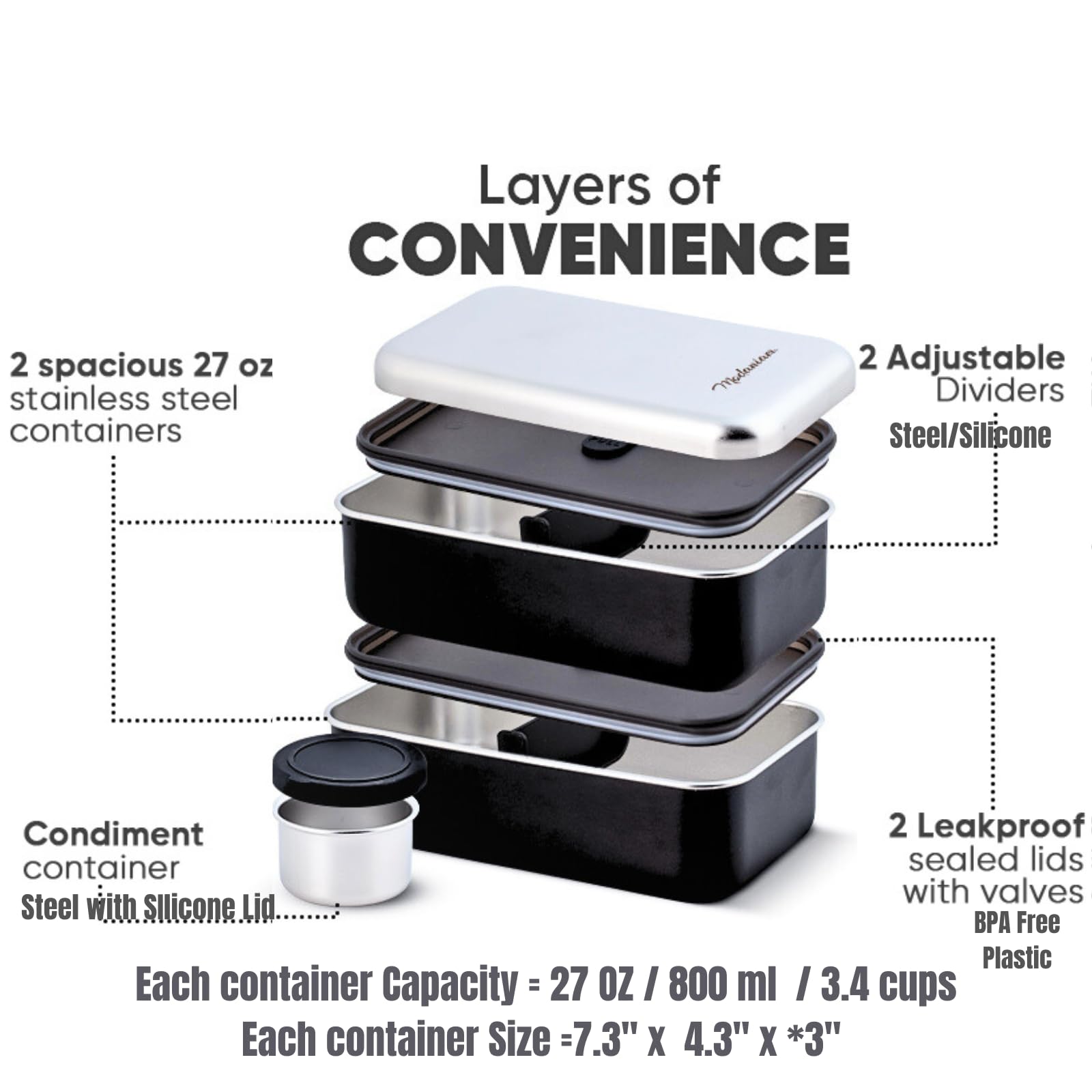Modaniam Leak Proof Stainless Steel Bento Box, Stainless Steel Lunch Box For Adults, Metal Bento Box, Japanese Lunch Container, Large With Compartment, Korean Bentobox, Non Toxic, Microwave Safe