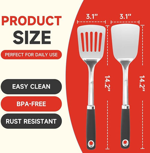 2 Pcs Stainless Steel Spatulas Set,14.9 Silver Slotted Turner, Solid Turner, Kitchen Cooking Utensils Set, High Heat Resistant, Grilling Frying Serving Food, Easy to Clean