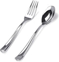 BUCLA 200 Pieces Silver Plastic Silverware - Heavy Duty Disposable Cutlery set - 100 Silver Plastic Forks, 100 Disposable Spoons for Catering, Parties, Dinners, Weddings and Christmas