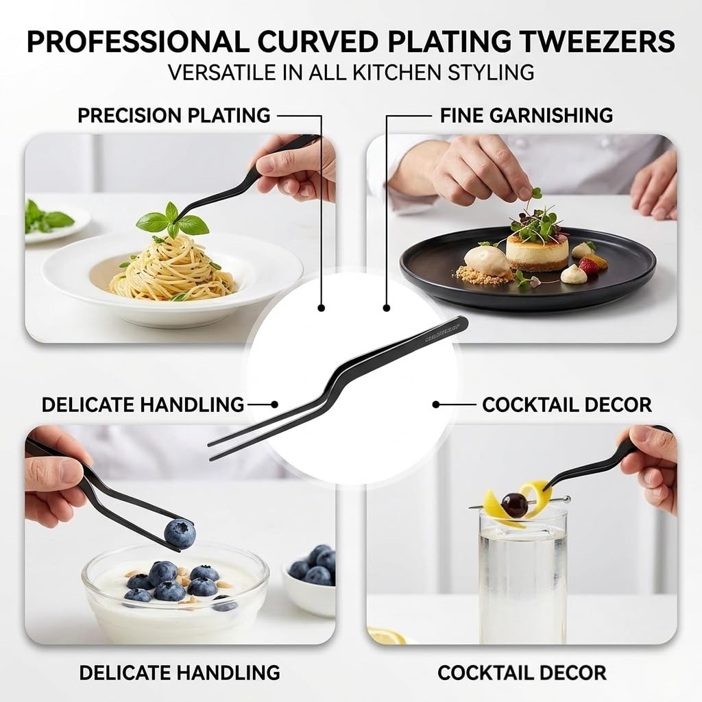 CREATIVECHEF 8 Inch Curved Stainless Steel Precision Kitchen Cooking Multi-function Tweezers Culinary Offset Tweezer Tongs (Curved, Blue)