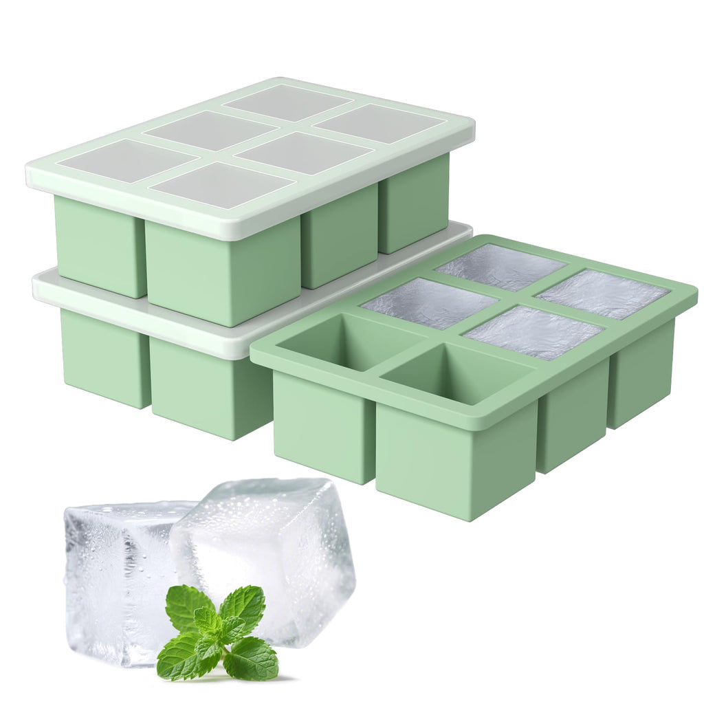Large Silicone Ice Cube Tray 3Pack, SAWNZC Big Square Ice Cube Molds for Whisky Cocktail, Ice Maker Tray with Lid for Freezer, Easy Release (3, Mint Green)