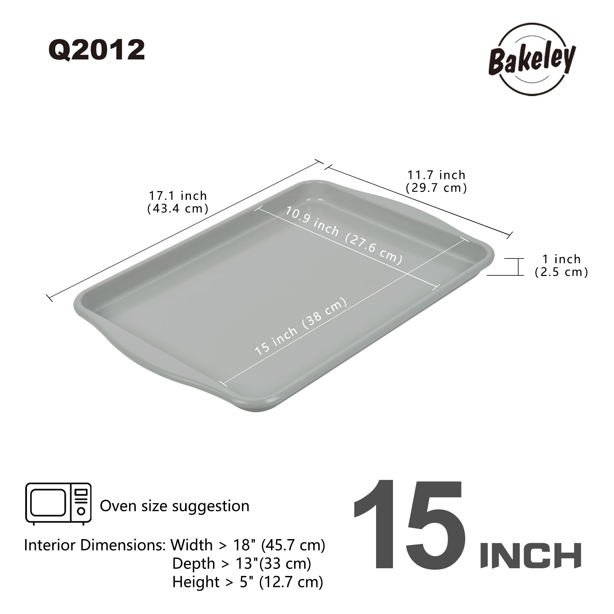 Bakeley 15-Inch Baking Sheet Pan, Non-Stick Jelly Roll Carbon Steel Naturally Slick Ceramic Coating Rimmed Cookie Sheet Pan for Oven Roasting Meat Bread - 15" x 10"