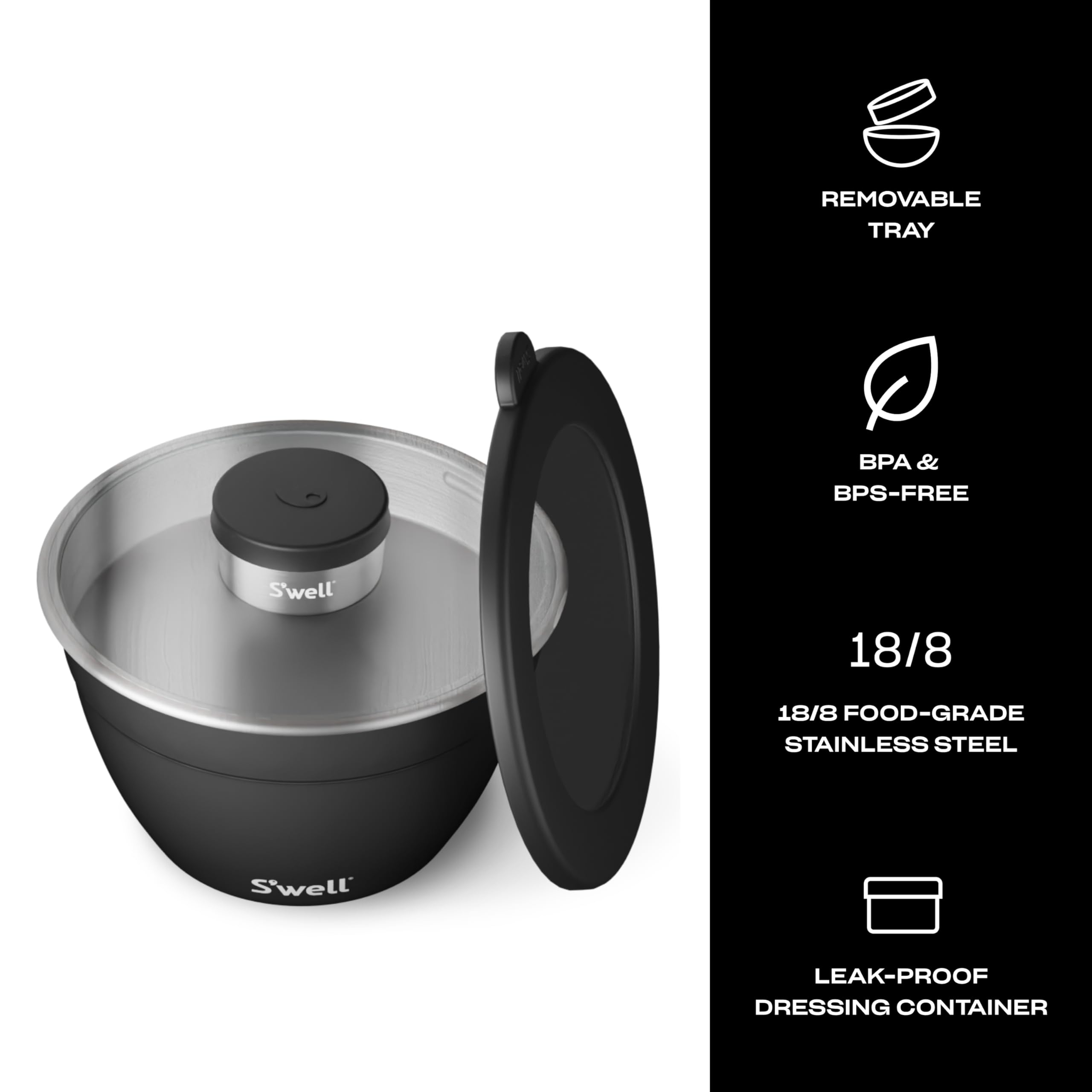 S’well Stainless Steel 64oz Salad Bowl Kit in Onyx, Comes with 2oz Condiment Container and Removable Tray for Organized Serving, Leak-Proof and Dishwasher Safe