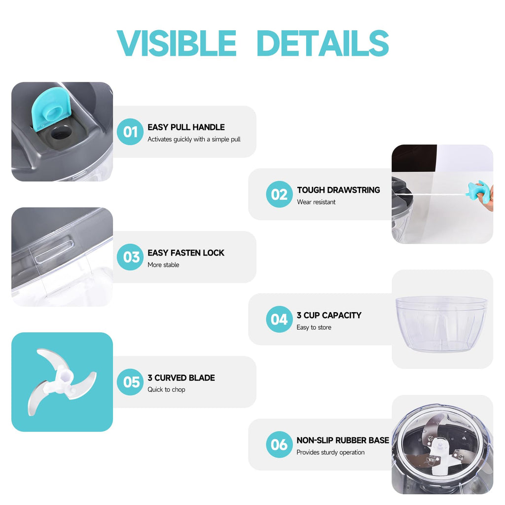 Ziweaye Manual Food Processor Vegetable Chopper, Portable Hand Pull String Garlic Mincer Onion Cutter for Veggies, Ginger, Fruits, Nuts, Herbs, etc., 500ml,（Gray-blue）