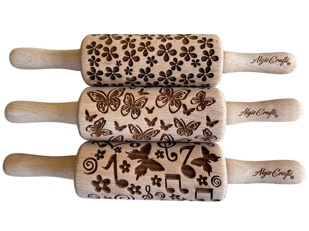 SEASONS 3 Mini Embossed Rolling Pin Set. Wooden Laser Cut Mini Rolling Pins for cookies or clay with spring flowers, tulips, daffodils, strawberries, raspberries, birch, trees by Algis Crafts