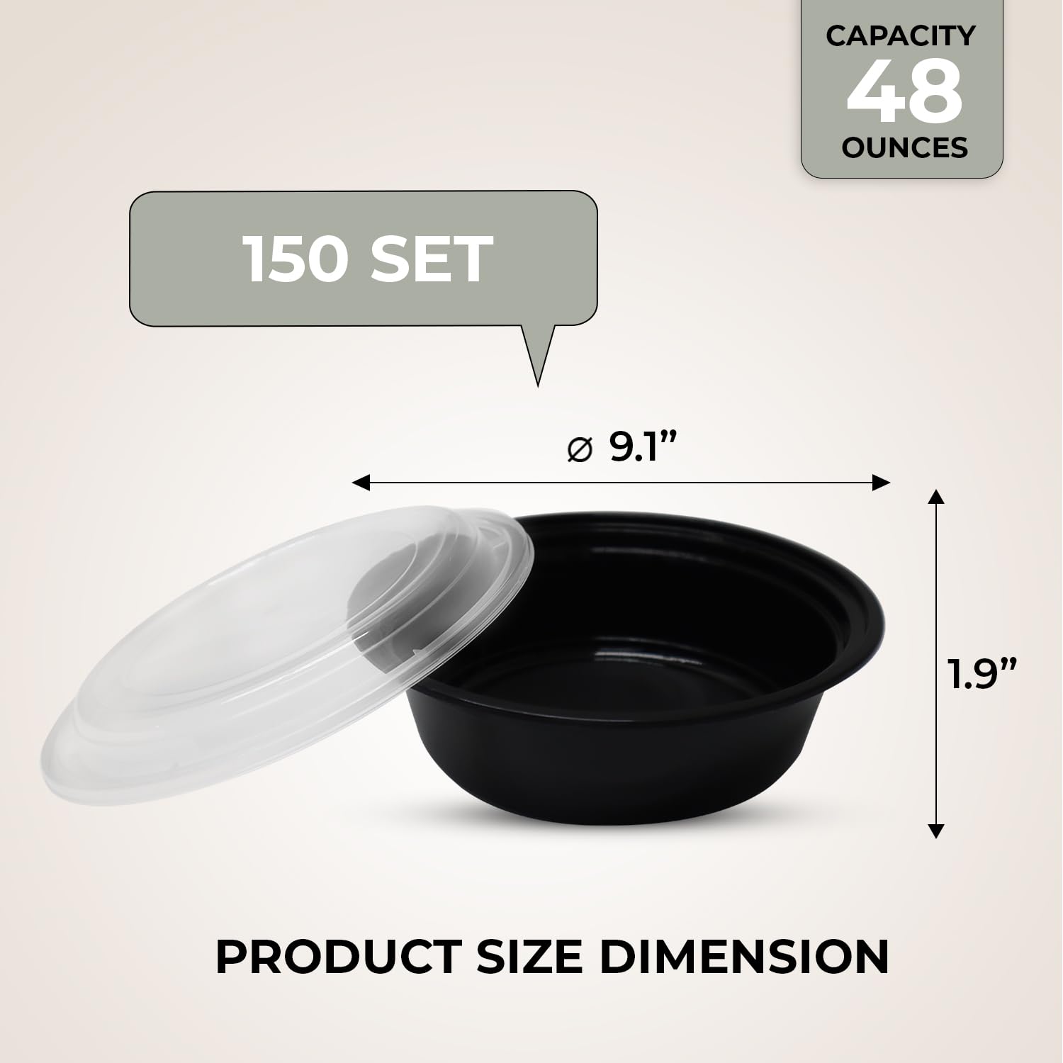 Klex 48 Oz, 150 Sets Meal Prep Containers with Airtight Lids, BPA Free, Reusable Plastic Food Container, 48 oz, Round, Black/Clear, 150 Sets