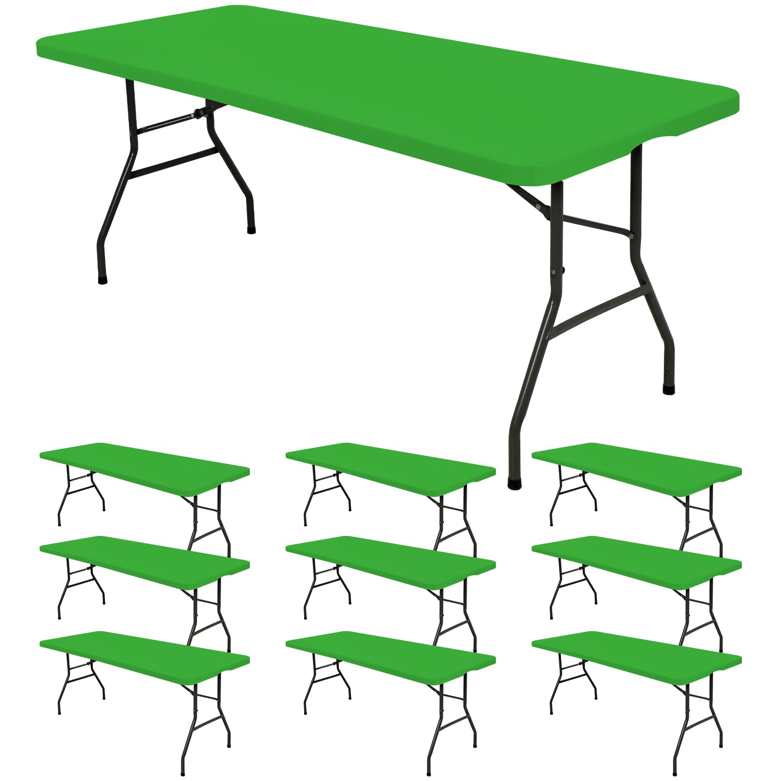 10 Pack Fitted Tablecloth for 8 Foot Rectangle Tables, Green Elastic Outdoor Picnic Table Cover, Washable Stretch Folding Table Cloths 8 ft for Camping Party Patio Kitchen Banquet, 30" W x 96" L