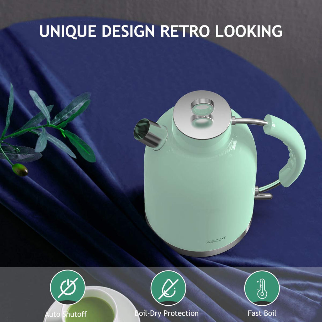Electric Kettle, ASCOT Electric Tea Kettle, Stainless Steel Water Boiler, Fast Boiling, 1.5L, 1500W, BPA-Free, Cordless, Automatic Shutoff, Boil-Dry Protection, Green