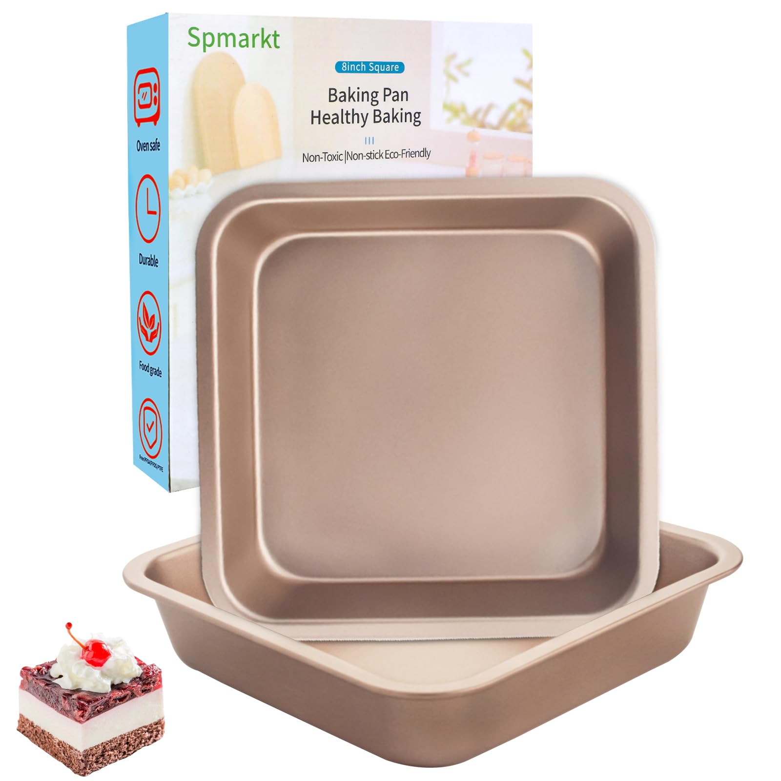 Spmarkt 2-Pack 8 Inch Square Baking Pan, Carbon Steel Nonstick Brownie Pan 8x8, BPA Free Stackable Square Cake Pan, Oven & Air Fryer Safe, Easy to Clean — Gold