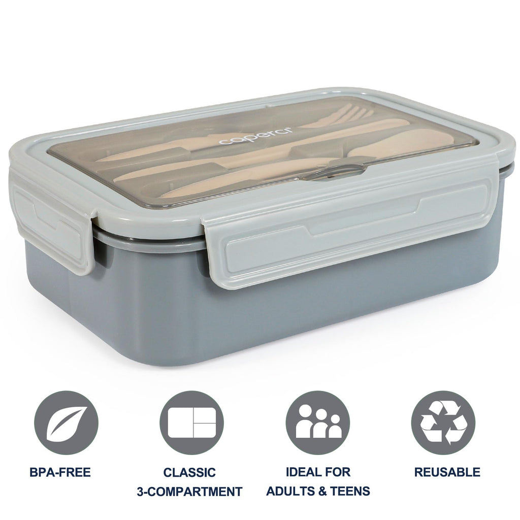 Caperci Classic Bento Box Adult Lunch Box for Older Kids - Leakpoof 47 oz 3-Compartment Lunch Containers for Adults and Teens, Built-in Utensil Set, Ideal for On-the-Go Balanced Eating, Gray