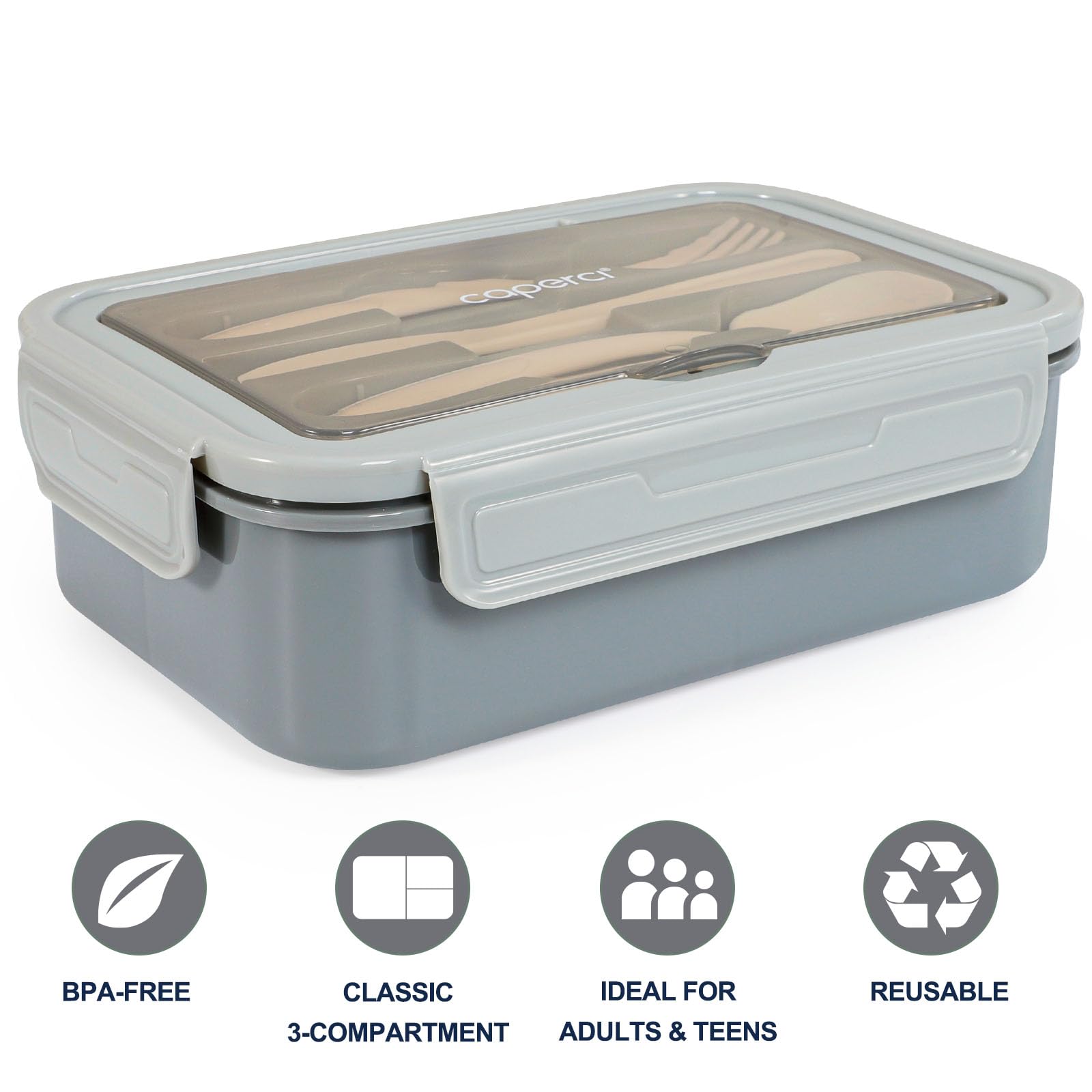 Caperci Classic Bento Box Adult Lunch Box for Older Kids - Leakpoof 47 oz 3-Compartment Lunch Containers for Adults and Teens, Built-in Utensil Set, Ideal for On-the-Go Balanced Eating, Gray