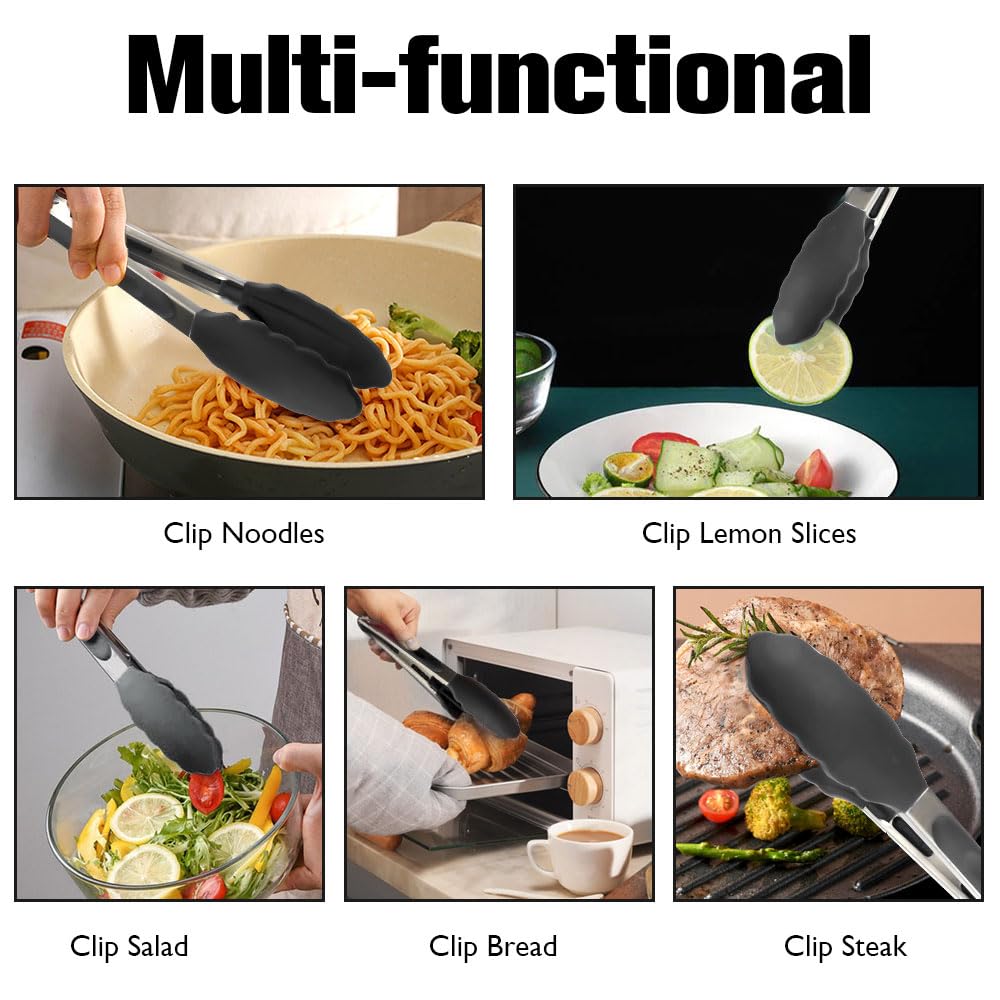 Kitchen Tongs 2 Pcs Tongs for Cooking Black Silicone Tongs 7 Inch 9 Inch Stainless Steel Locking Food Tongs with Silicone Tips Heat Resistant Serving Tong for BBQ Food Grilling Salad Kitchen Utensils