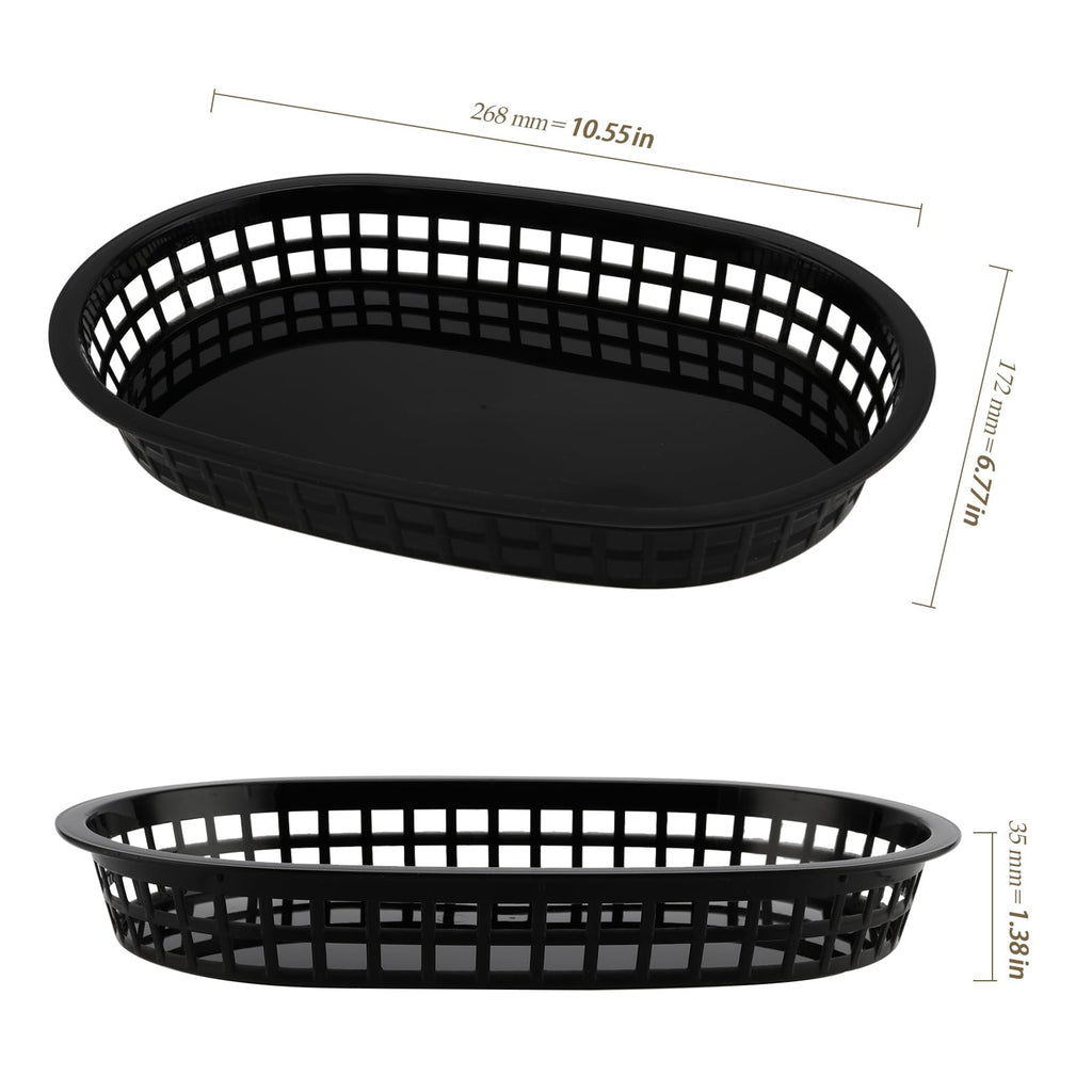 HEIHAK 30 Pack 10.5 x 7 Inch Black Plastic Fast Food Baskets, Restaurant Serving Baskets, Flat Oval Fast Food Serving Basket for Picnic, Deli Serving, Chicken, Burgers and Fries