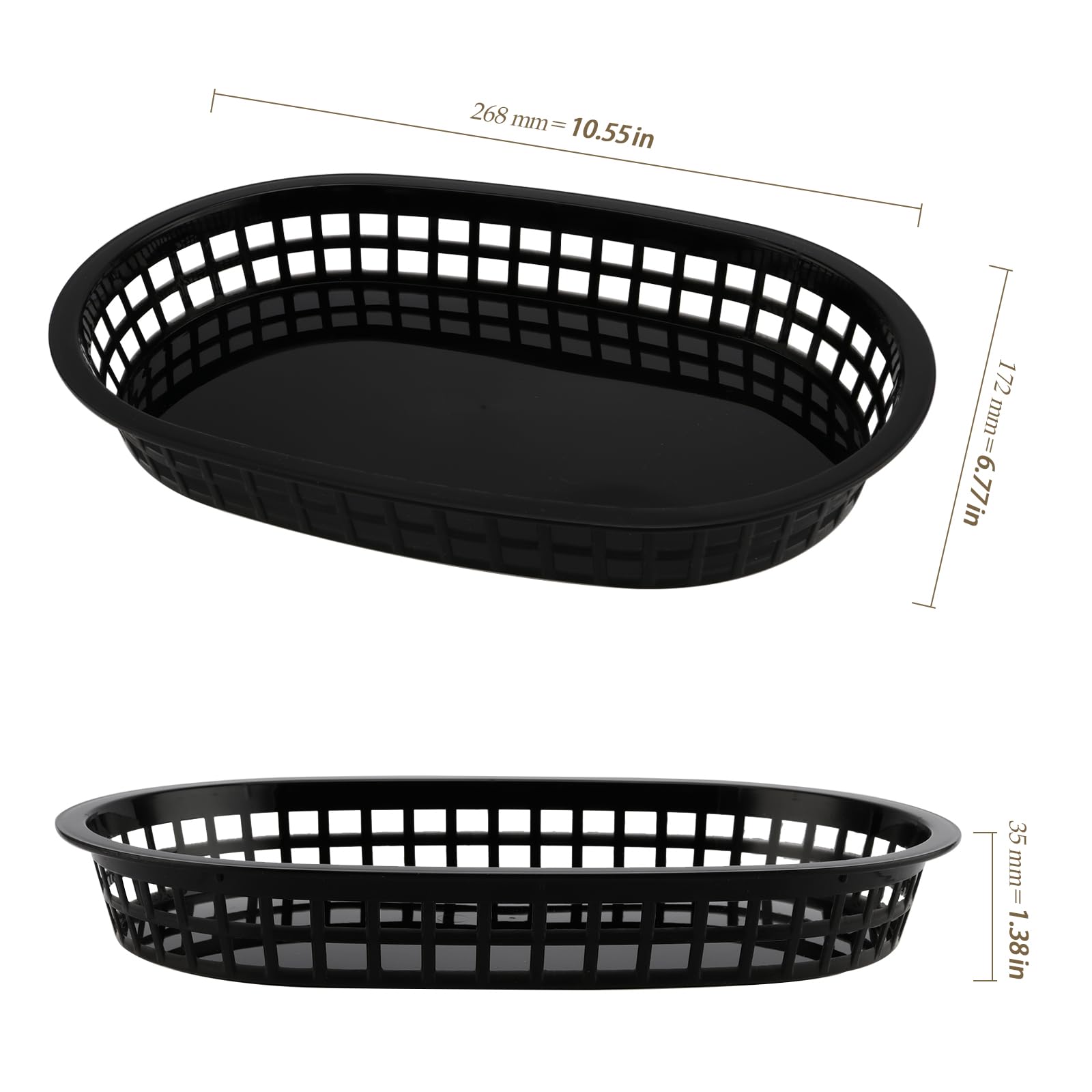 HEIHAK 30 Pack 10.5 x 7 Inch Black Plastic Fast Food Baskets, Restaurant Serving Baskets, Flat Oval Fast Food Serving Basket for Picnic, Deli Serving, Chicken, Burgers and Fries