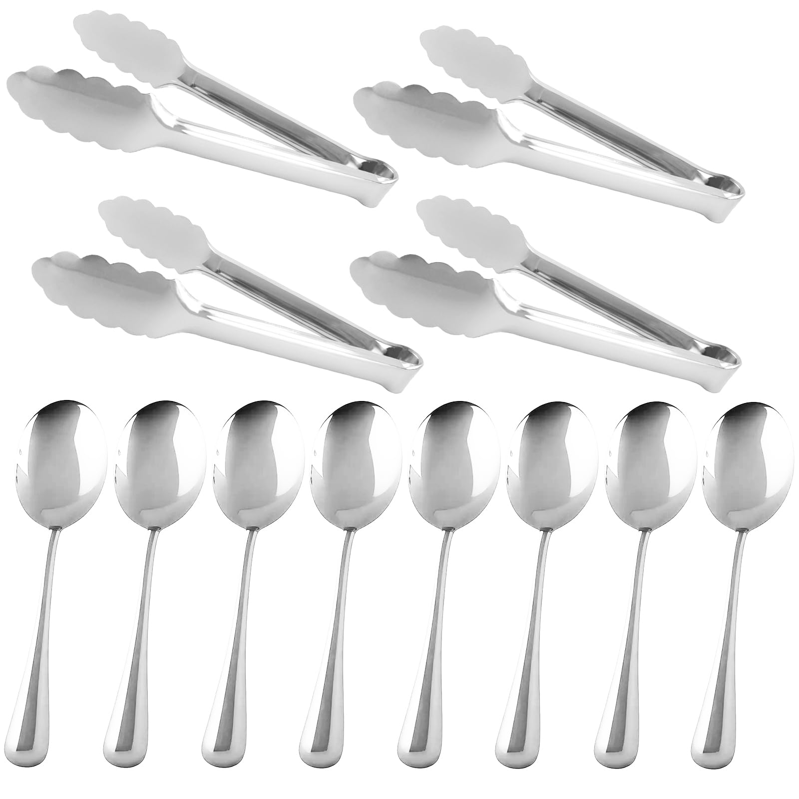 12PCS Stainless Steel Serving Utensils Sets with 8 Large Serving Spoons,4 Serving Tongs,Silver Serving Utensills Sets for Buffet Catering Banquet Party (Silver)