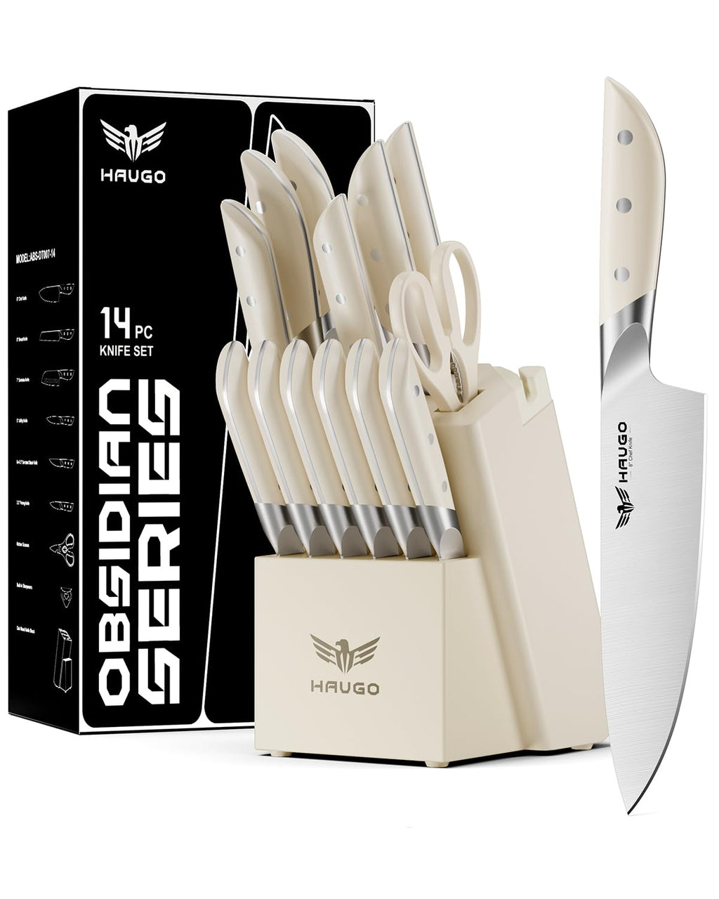 Haugo Kitchen Knife Set with Block: 14-Piece German Stainless Steel Full Tang Professional Knife - Comfortable Grip Reduces Hand Fatigue 30% - Dishwasher Safe & Sharpener - White Knife Set for Cooking