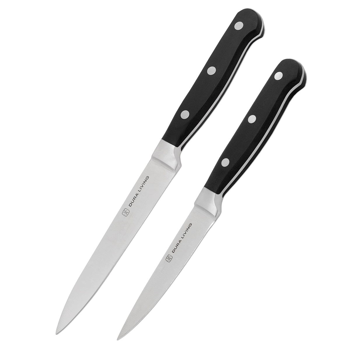 DURA LIVING Premium 4-Piece Steak Knife Set – Sharp Serrated Blades, Forged High Carbon Stainless Steel, Full Tang, Ergonomic Handle, Black – Perfect for Dining