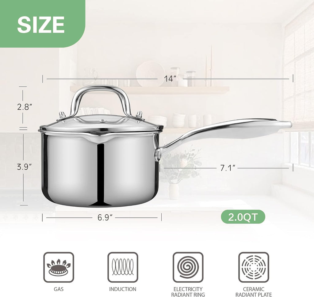 Fracoda 3.0 Quart Stainless Steel Pot Saucepan with Glass Strainer Lid, Sauce Pot with Two Side Spouts, Induction Cooking Pot, Multipurpose Sauce Pan with Lid for Cooking