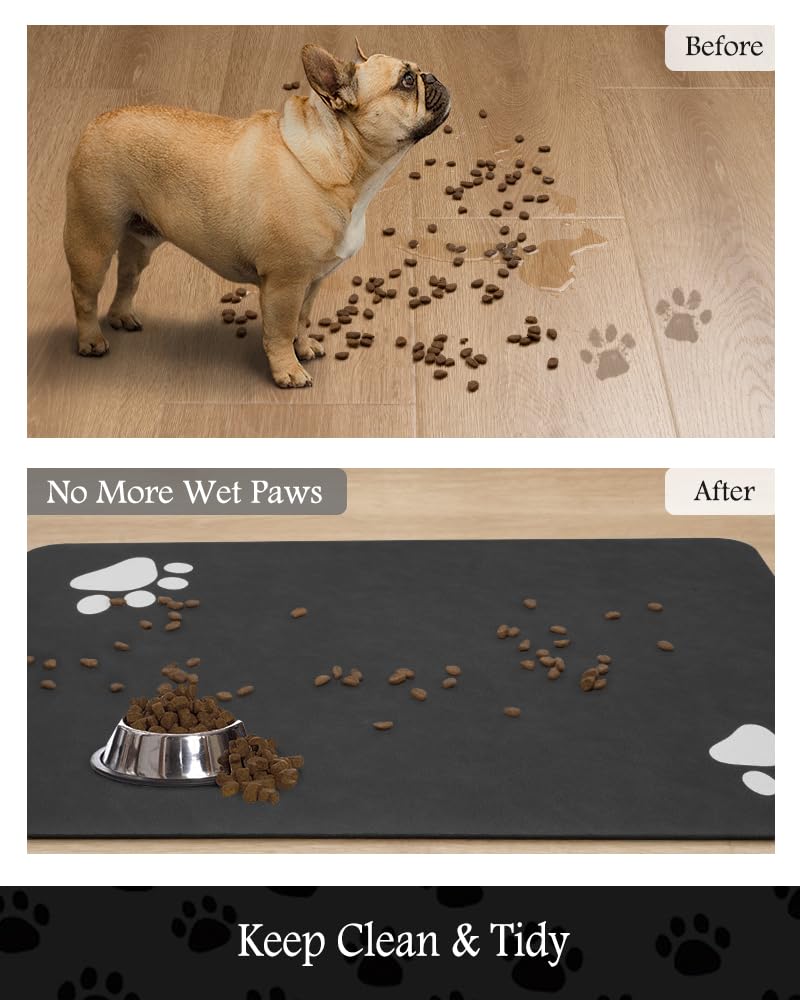 Pet Feeding Mat-Absorbent Dog Mat for Food and Water Bowl-No Stains Quick Dry Water Dispenser Mat-Dog Accessories Pet Supplies-Bowl for Messy Drinkers（Black,12"x19"