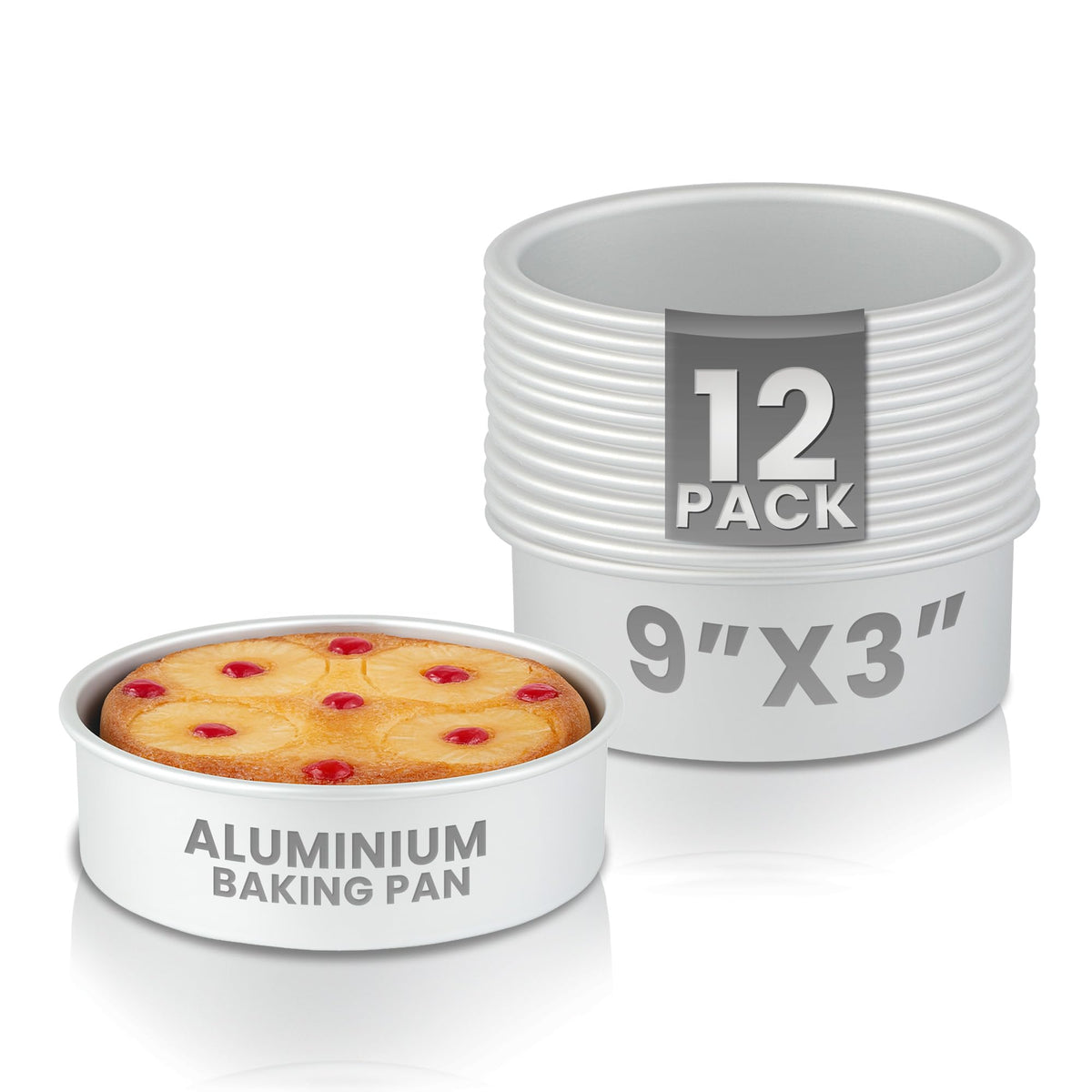 Restaurantware-Met Lux 9 x 3 Inch Straight-Sided Baking Tins, 12 Round Cake Pans - Oven-Ready, Freezable, Anodized Aluminum Round Baking Pans, Greaseproof, For Layer Birthday Cakes