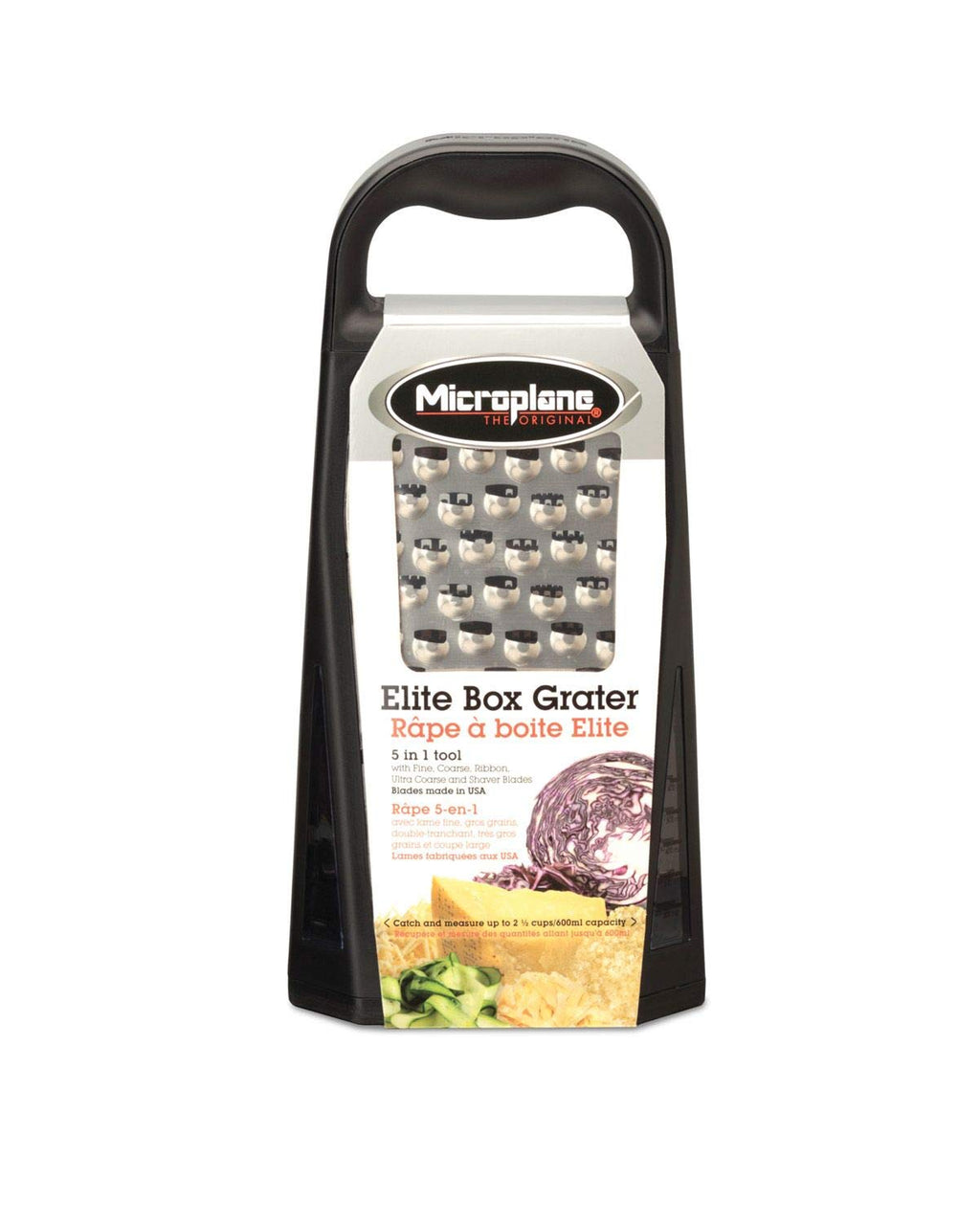 Microplane Elite Five Blade Box Grater with Measuring Cup Base, Five Grating Surfaces Including Fine, Coarse, Double-Sided Ribbon, Ultra-Coarse, and Slicer - Black