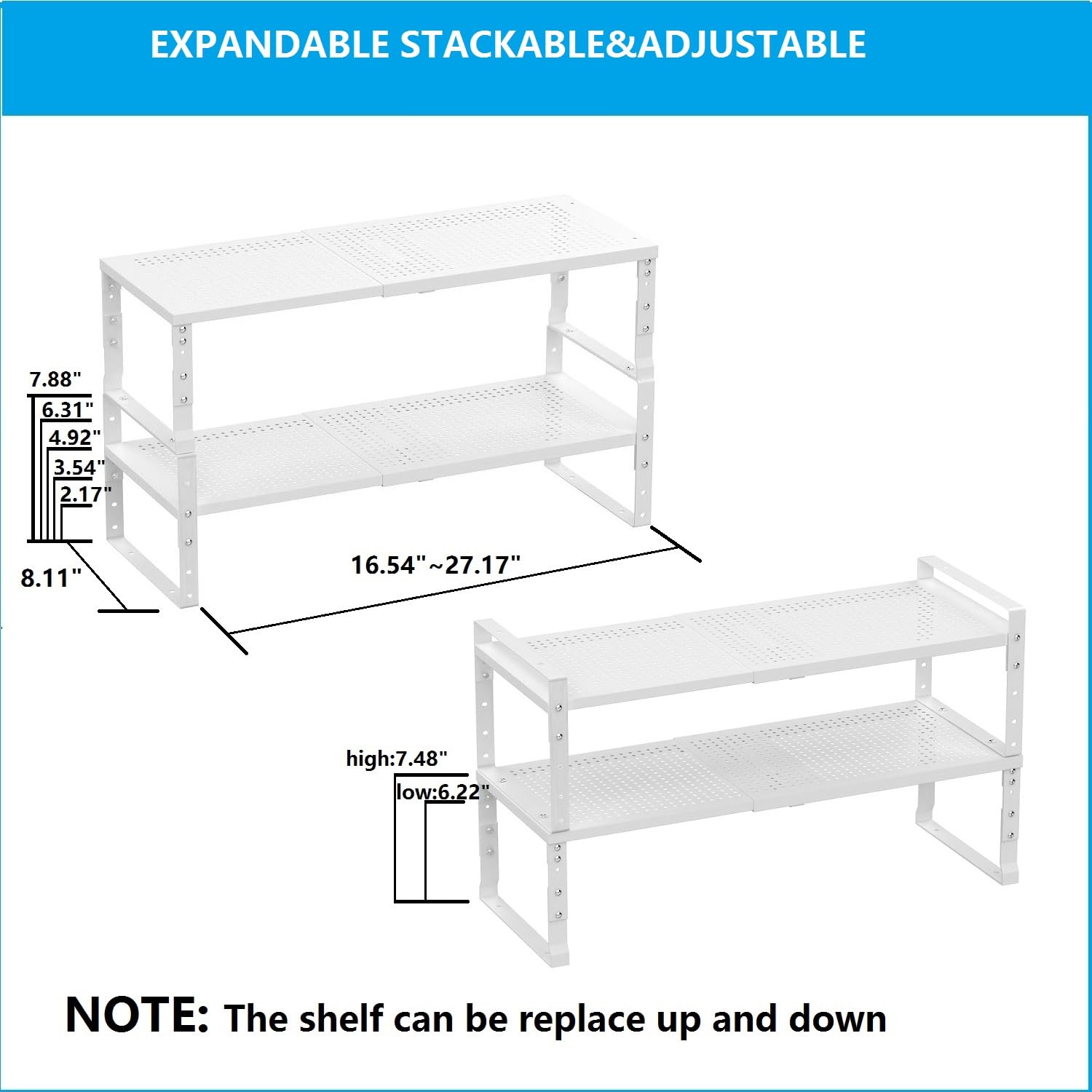 Wobmmi Expandable,Adjustable & Stackable Spice Rack, Cabinet Kitchen Countertop Shelf Organizer,Metal Pantry Storage Shelves - Space-Saving Storage Solution(2Packs/White/Medium)