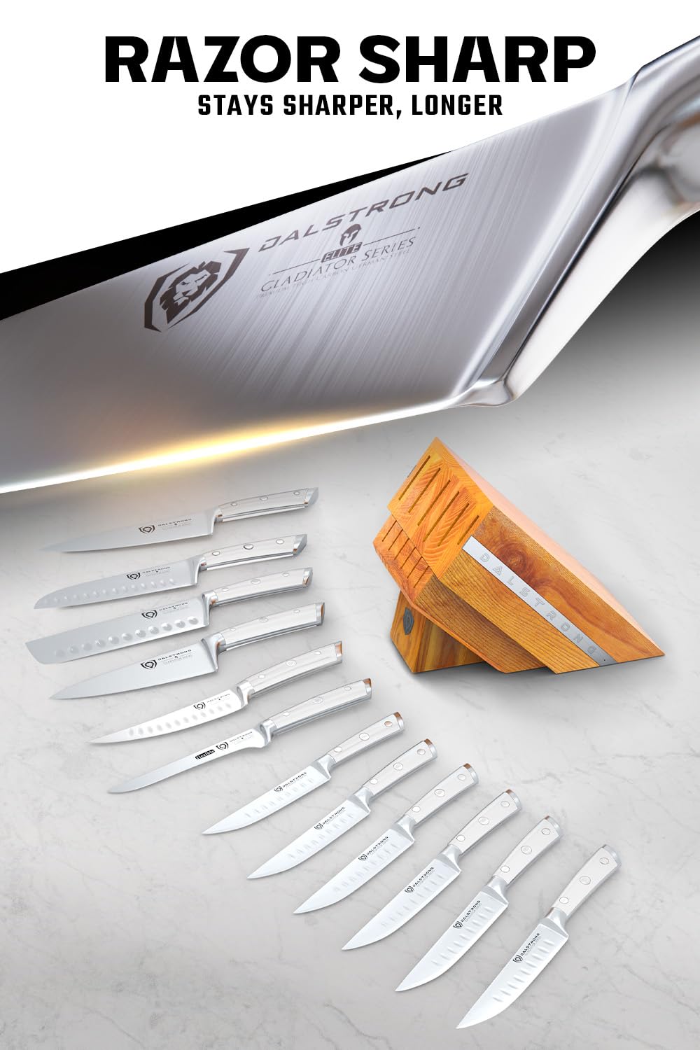 Dalstrong 12-Piece Knife Block Set — White Handles, Hand-Made Manchurian Ash Block — German HC Steel, 56+ HRC, NSF Certified — For Light Kitchens, Gifting & Complete Knife Coverage, Gladiator ELITE