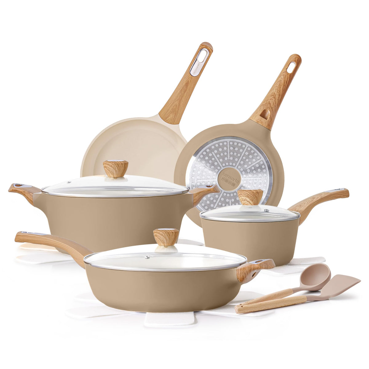 SENSARTE Pots and Pans Set Non stick, Non toxic Healthy Induction Cookware Sets, 14 Pcs Non Stick Kitchen Cooking Set with Frying Pans Set & Saucepan, PFOA PFOS Free, Black