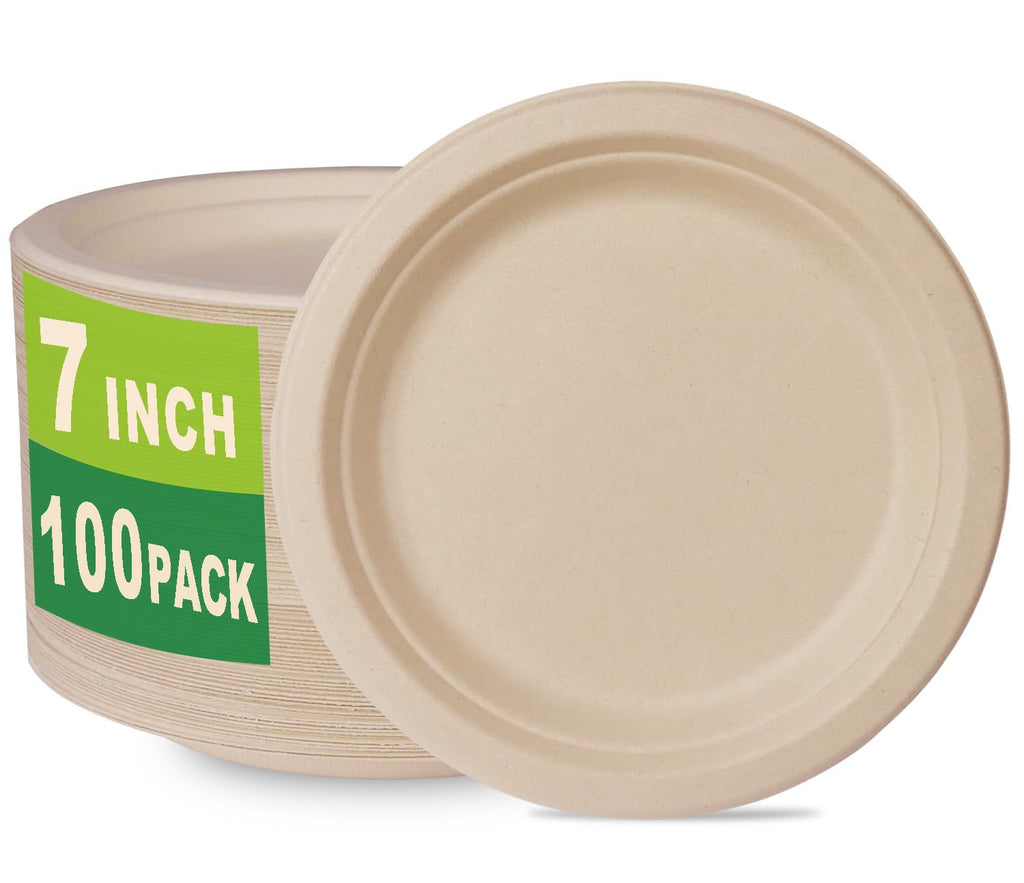 GreenWorks 100 Count 7“ Heavy-duty Compostable Plates, Unbleached Biodegradable Bagasse and Bamboo fiber Paper Plates