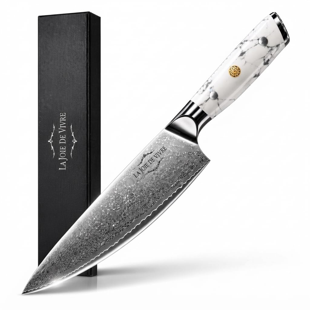 Damascus Chef Knife 8 Inch, Japanese Chef Knife with 67-Layer VG-10 Steel Core, Ultra Sharp Professional Kitchen Knife, White Turquoise Marble Handle, Premium Gift Box
