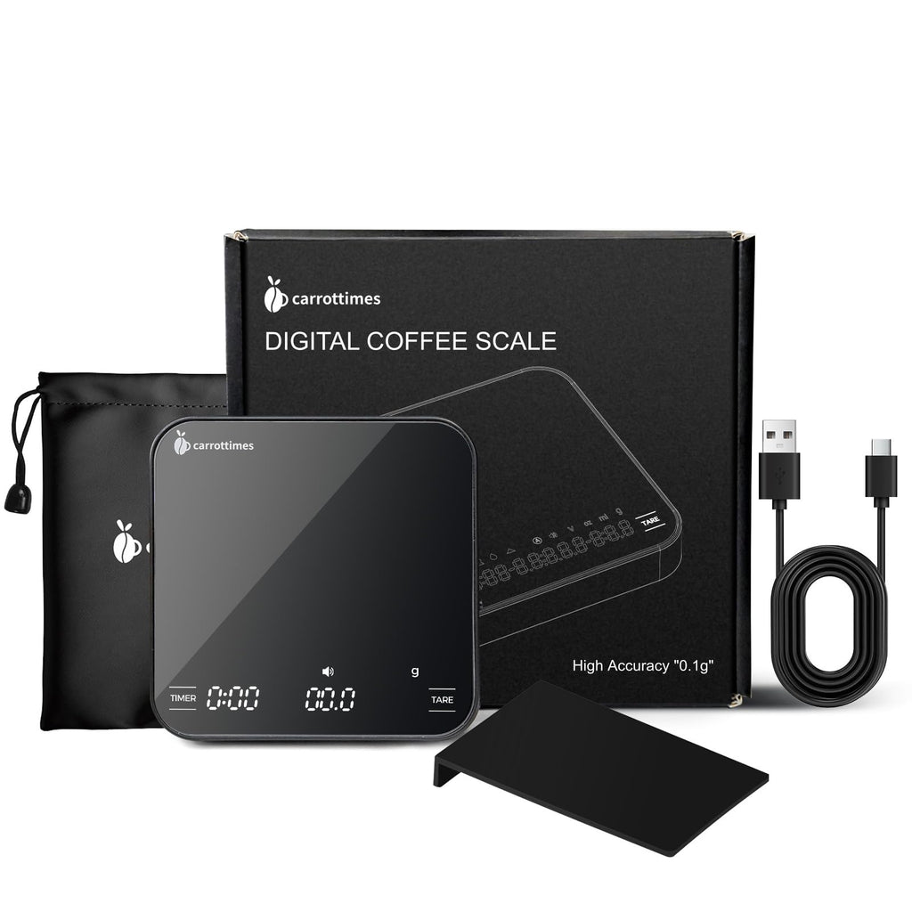 carrottimes Rechargeable Mini Coffee Scale with Timer, 2kg/0.1g Precision Espresso Scale, Portable Digital Coffee Scale w/ 4 Modes for Espresso and Pour-Over Coffee (Black)