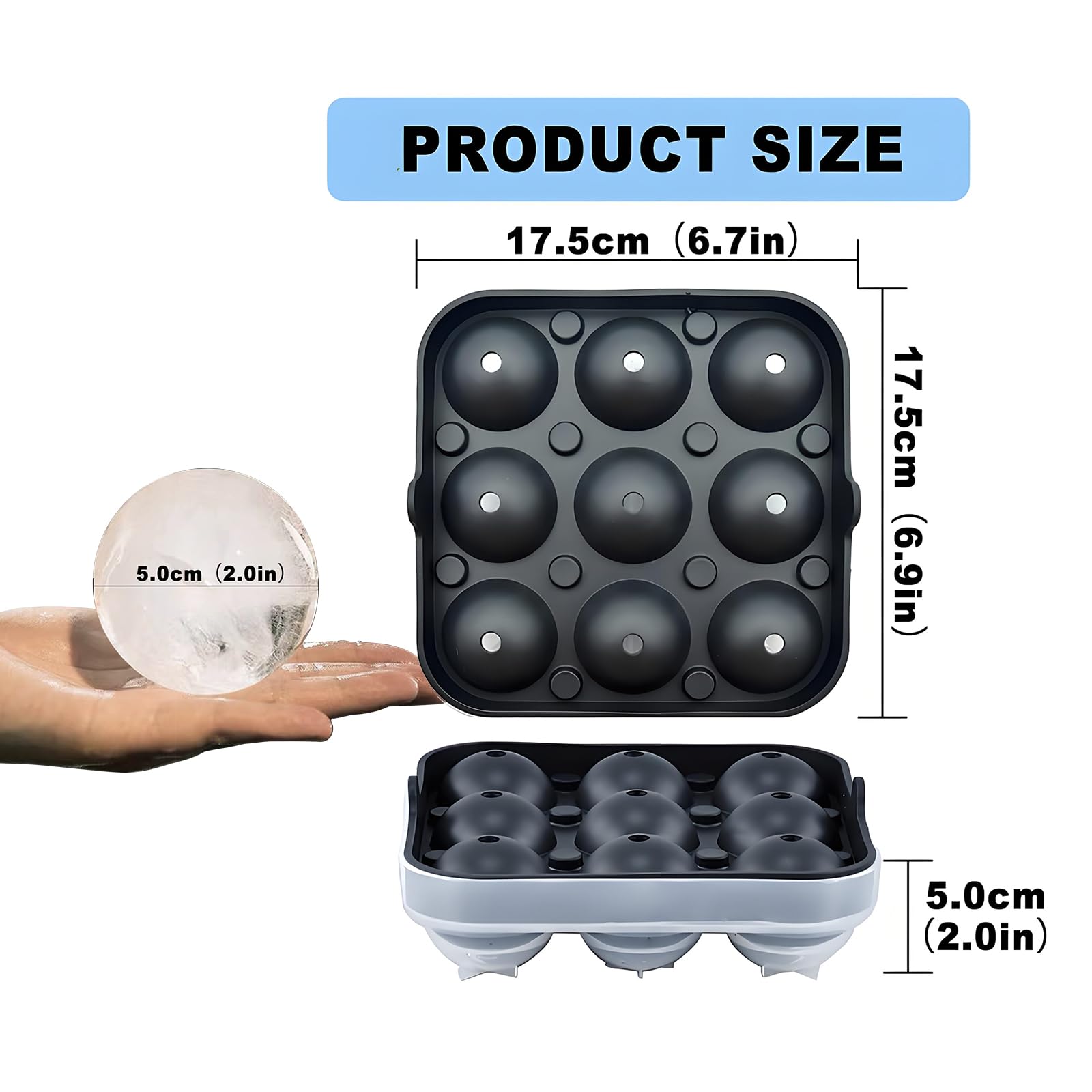 Samuelworld Large Ice Ball Maker with Lid, 9 x 2 Inch Ice Balls - Food Grade, Easy To Fill Round Silicone Ice Tray, Perfect Spheres Craft Ice Maker for Whiskey, Cocktails, Gifting - Black