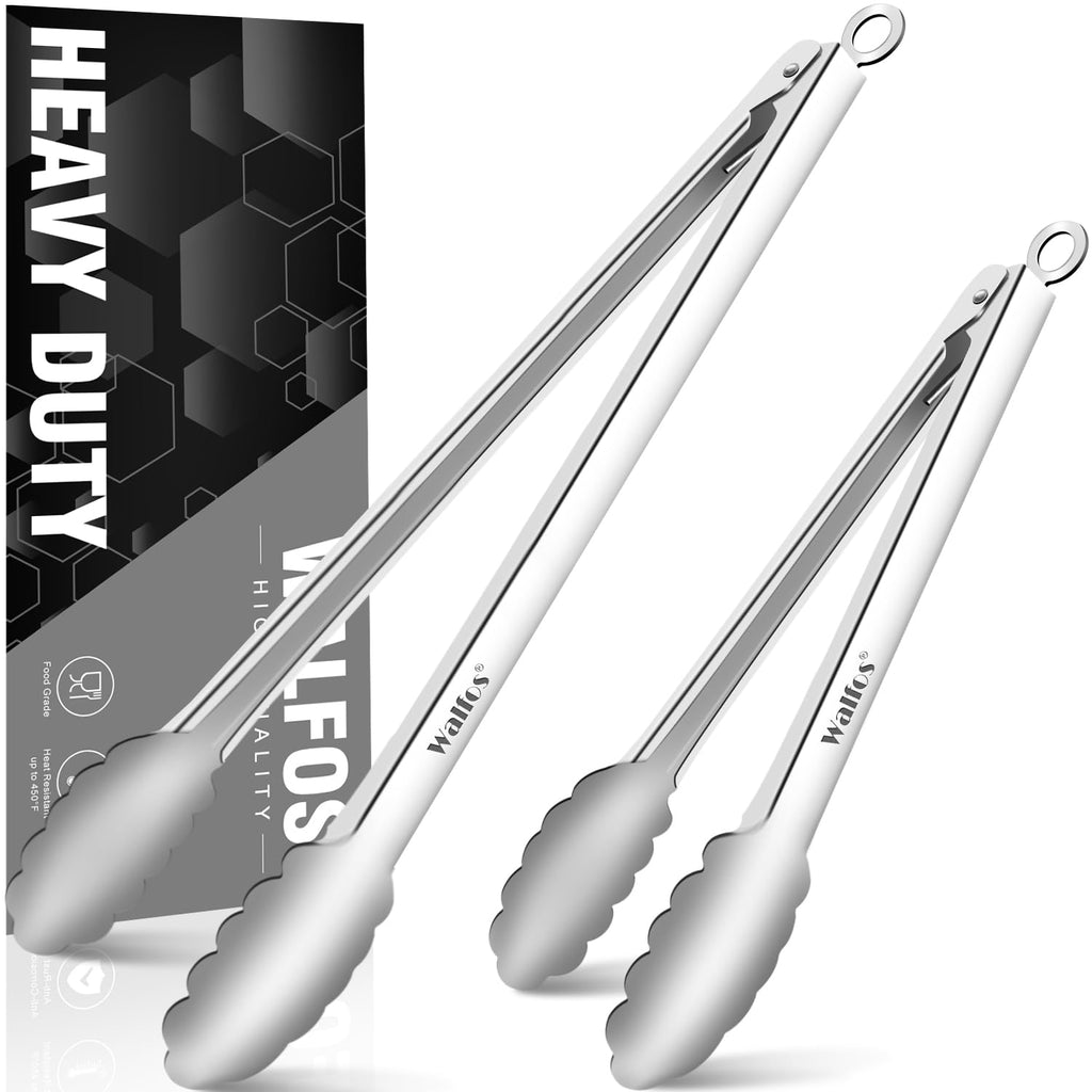 Walfos tongs for cooking, All Metal Kitchen Tongs 600℉ Heat Resistant, Heavy Duty Locking Tongs 2-piece 12 Inch
