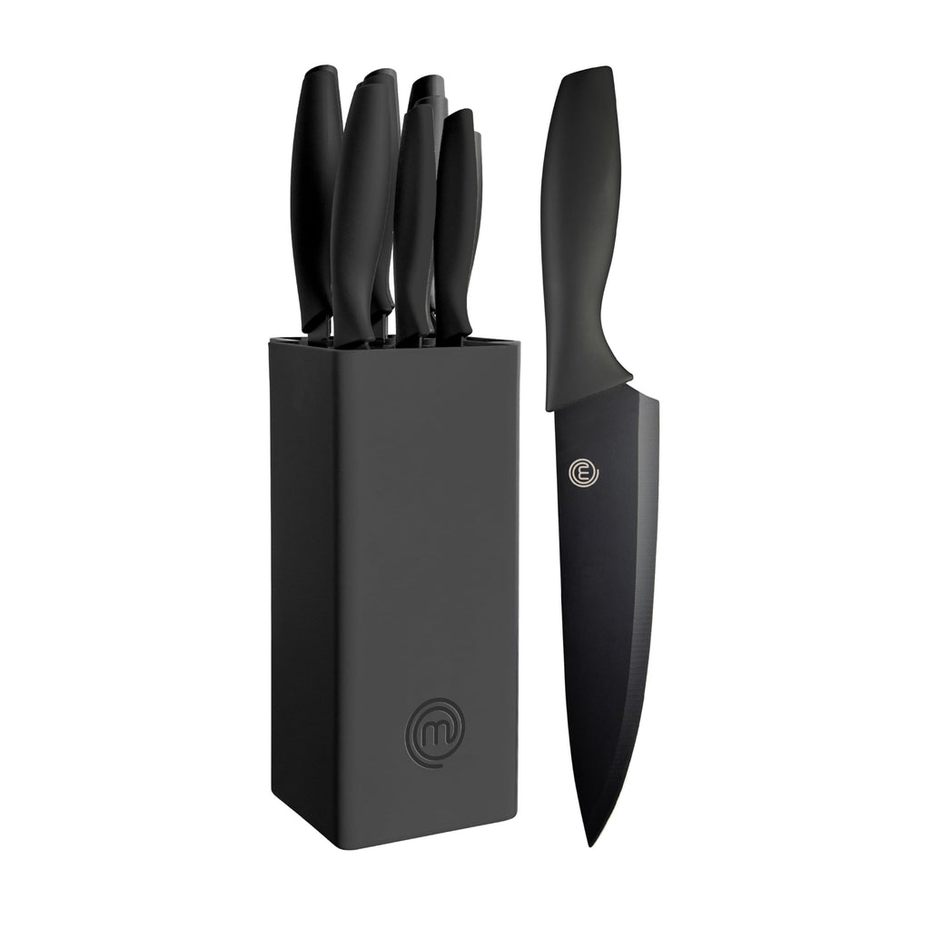 MasterChef Knife Set with Block, 7pc Kitchen Knives Set with Holder, Grey
