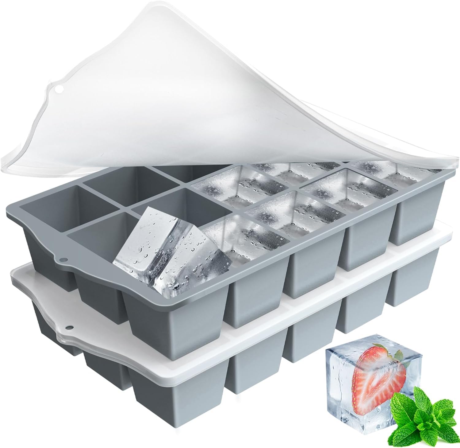 FANYITY Silicone Ice Cube Tray with Lid, Gray, Pack of 2 Ice Cube Moulds, Silicone Mould, BPA-Free, Stackable Ice Cube Tray, Ice Cube Trays for Baby Porridge, Cocktail, Whiskey, Coffee