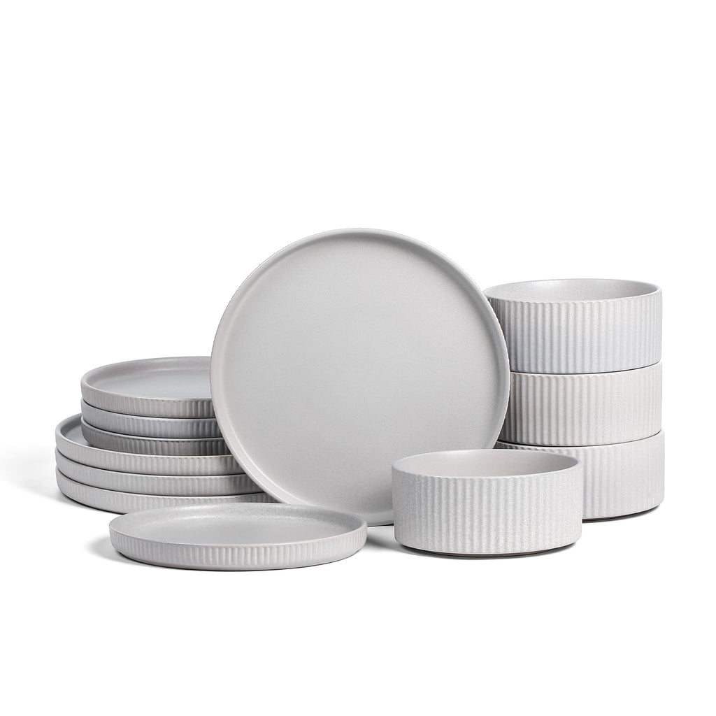 Stone Lain Haven Stoneware 32-Piece Dinnerware Set, Plates and Bowls Sets for 8, Grey Dish Set, Includes Dinner and Salad Plates, Cereal Bowls, Glassware, Microwave & Dishwasher Safe