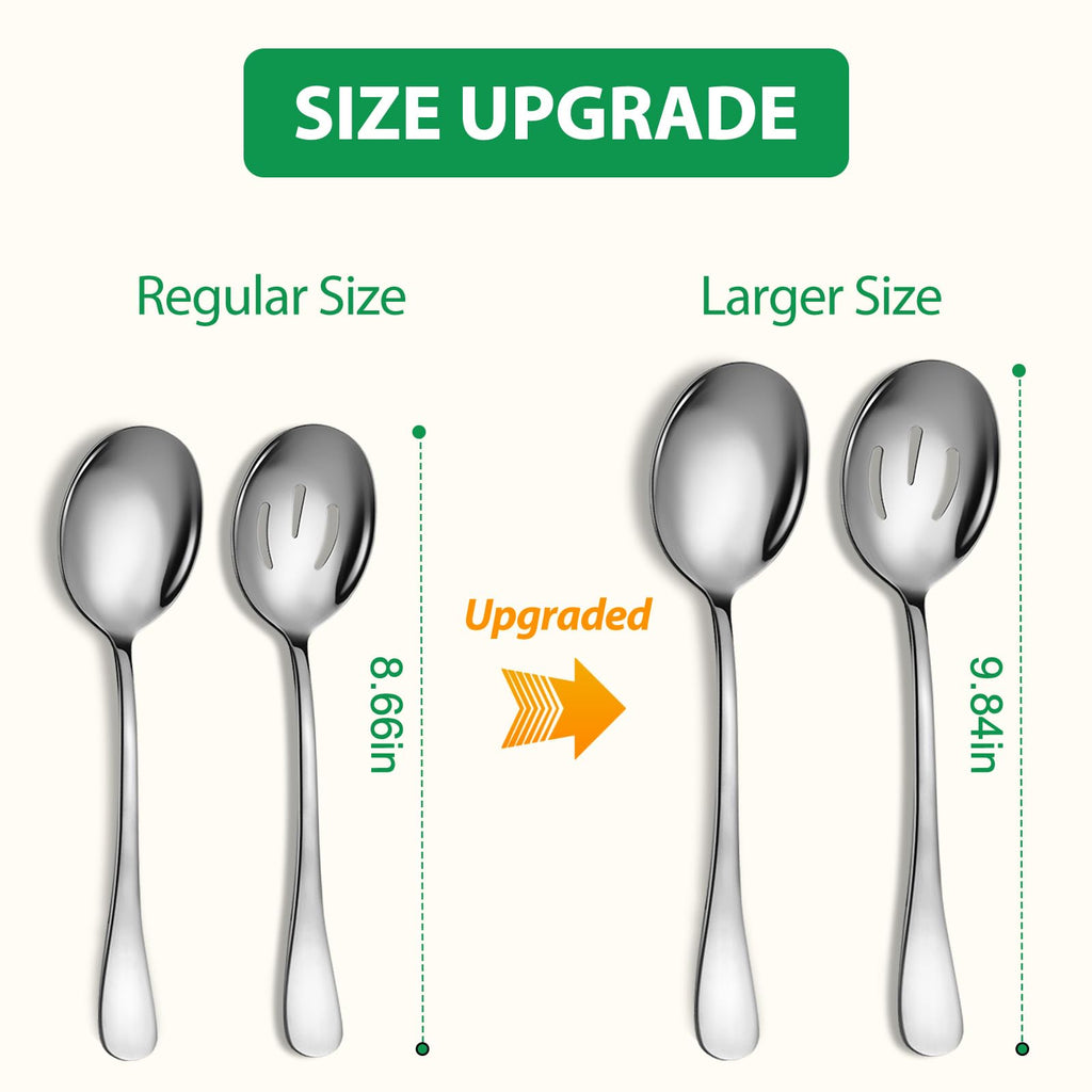 Keyoxy Stainless Steel Serving Spoons Set, 8pc, 10-Inch, Includes 4 Large, 4 Slotted, for Parties/Kitchen/Buffet/Catering, Dishwasher Safe