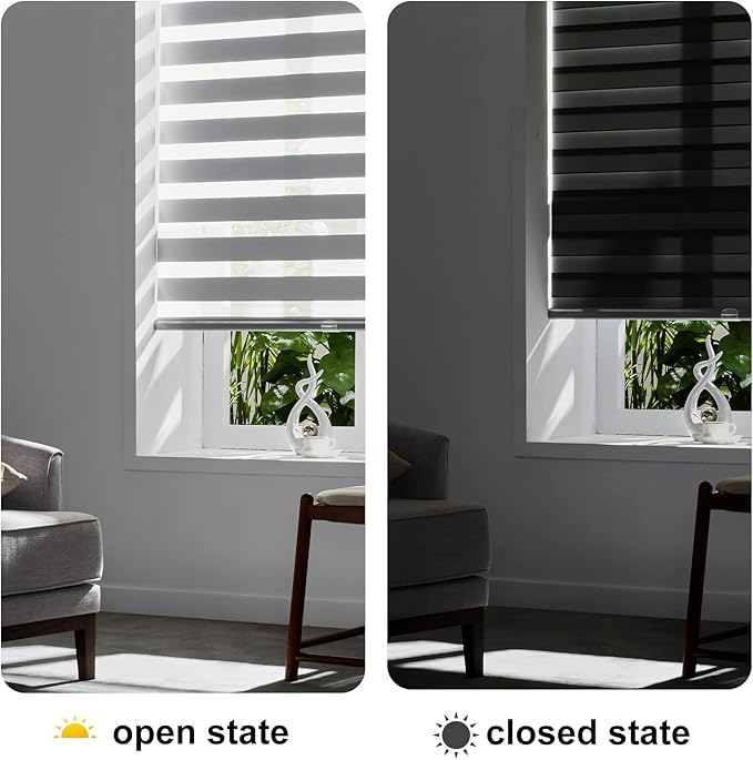 Persilux Cordless Zebra Blinds for Windows (36" W X 72" H, Grey) Free-Stop Windows Shades Dual Layer Light Control for Day and Night, Light Filtering Sheer Shades for Home, Easy to Install