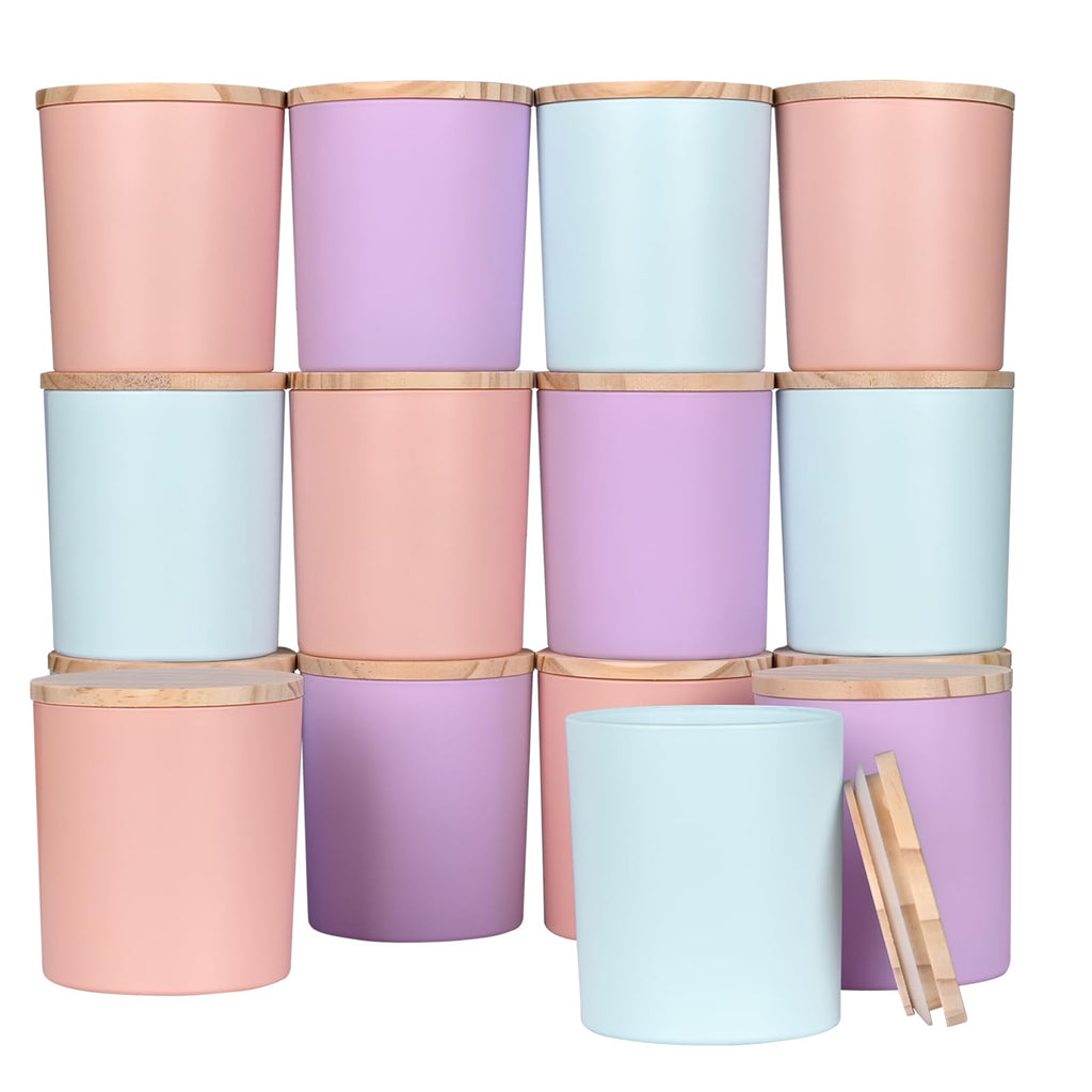 SHOWIN 10 OZ Thick Candle Jars for Making Candles 15 Pcs, Empty Jars with Wood Lids for Candle Making, Sample Container, Frosted Grey