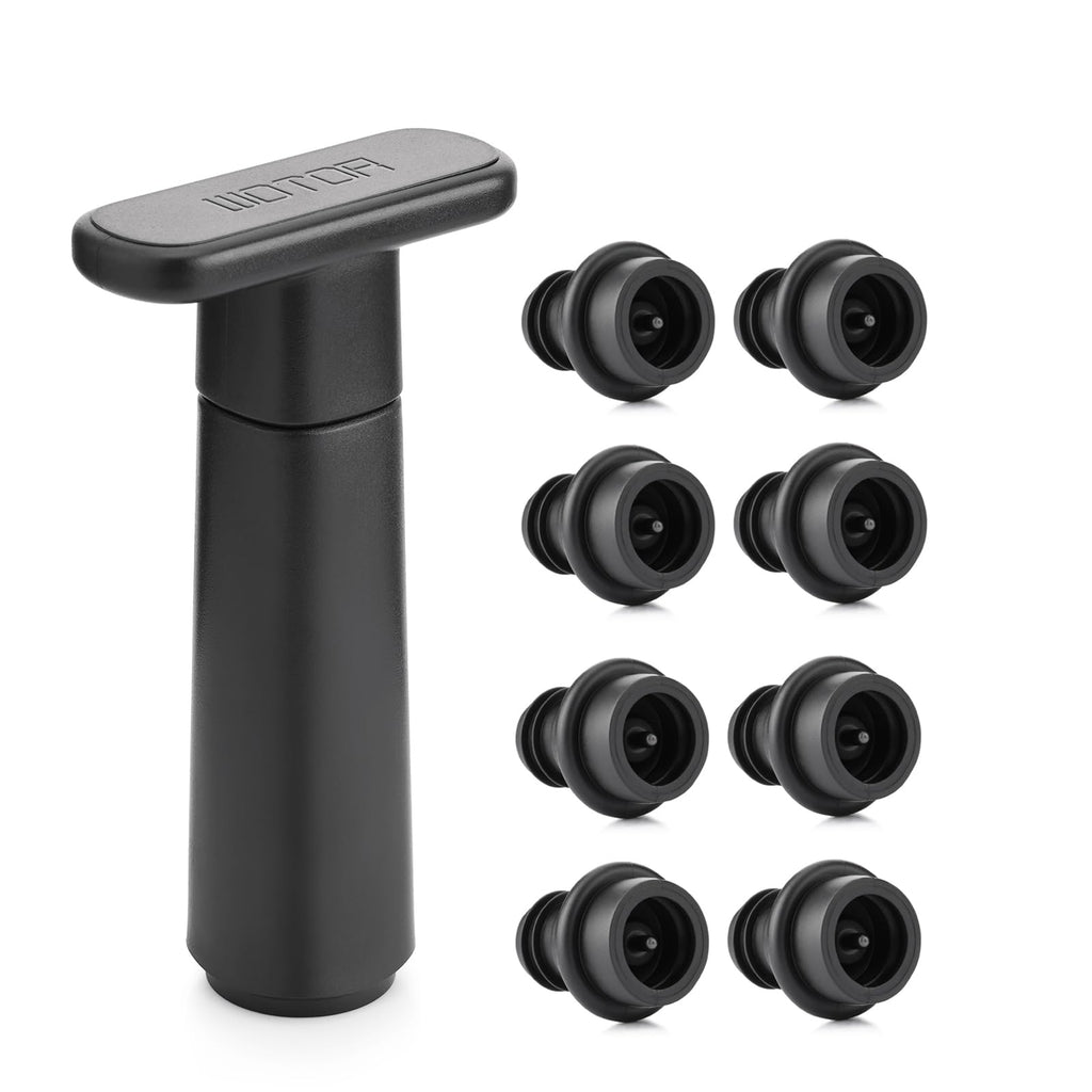 WOTOR Wine Vacuum Pump with 4 Wine Stoppers, Reusable Bottle Sealer, Black