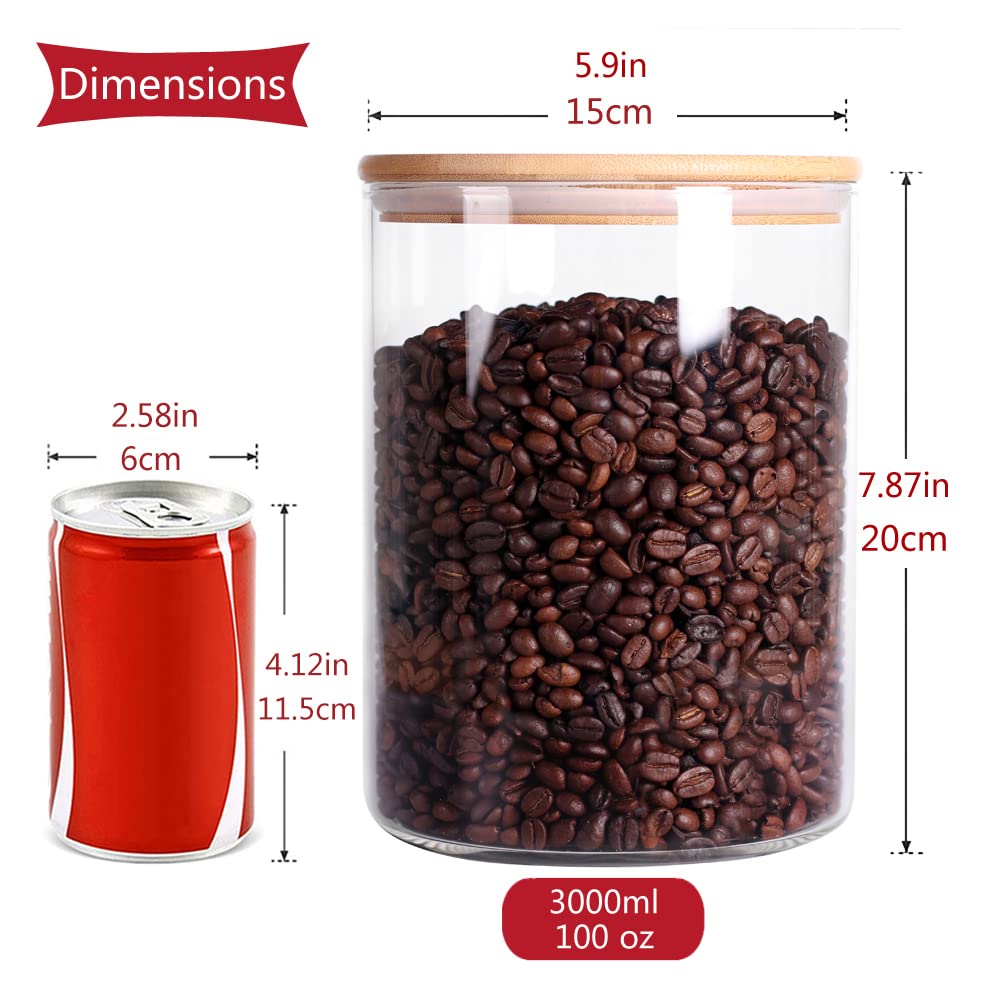 CZFWin Set of 2 Glass Flour Container with Airtight Bamboo Lid, Large Food Jar with Wooden Lid for Storage Flour, Sugar, Cookies, Rice, Coffee Beans(3L)