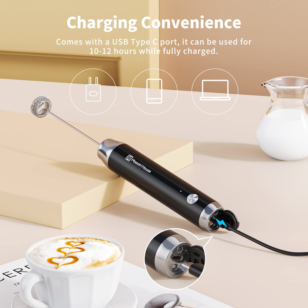 Maestri House Rechargeable Milk Frother,Stand & 3 Detachable Whisks