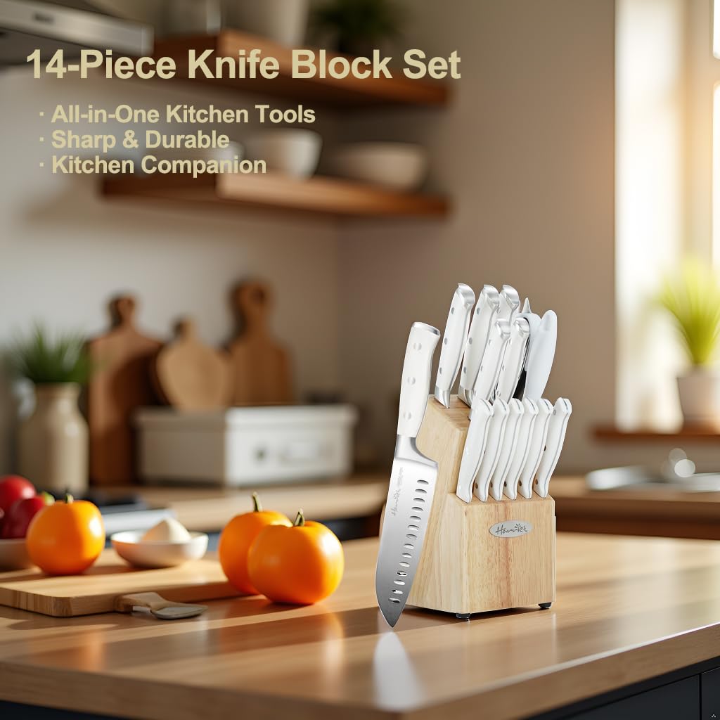 Harriet 14-Piece Knife Block Set, High-Carbon Stainless Steel Chef Knives with Triple Rivet Handles, Sharpening Steel & Multifunctional Shears | Santoku, Bread, Steak Knives & Wood Block