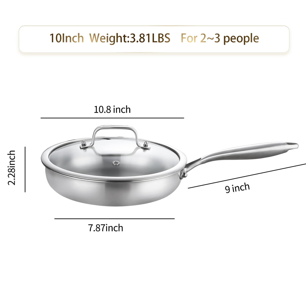DELARLO Tri-Ply Stainless Steel Pan, 18/10 Frying Pan, Oven Safe Up to 600°F, Nontoxic Cookware, Compatible with All Cooktops Skillet, Durable, Fast Even Heat Fry Pan,9" Pan with Lid