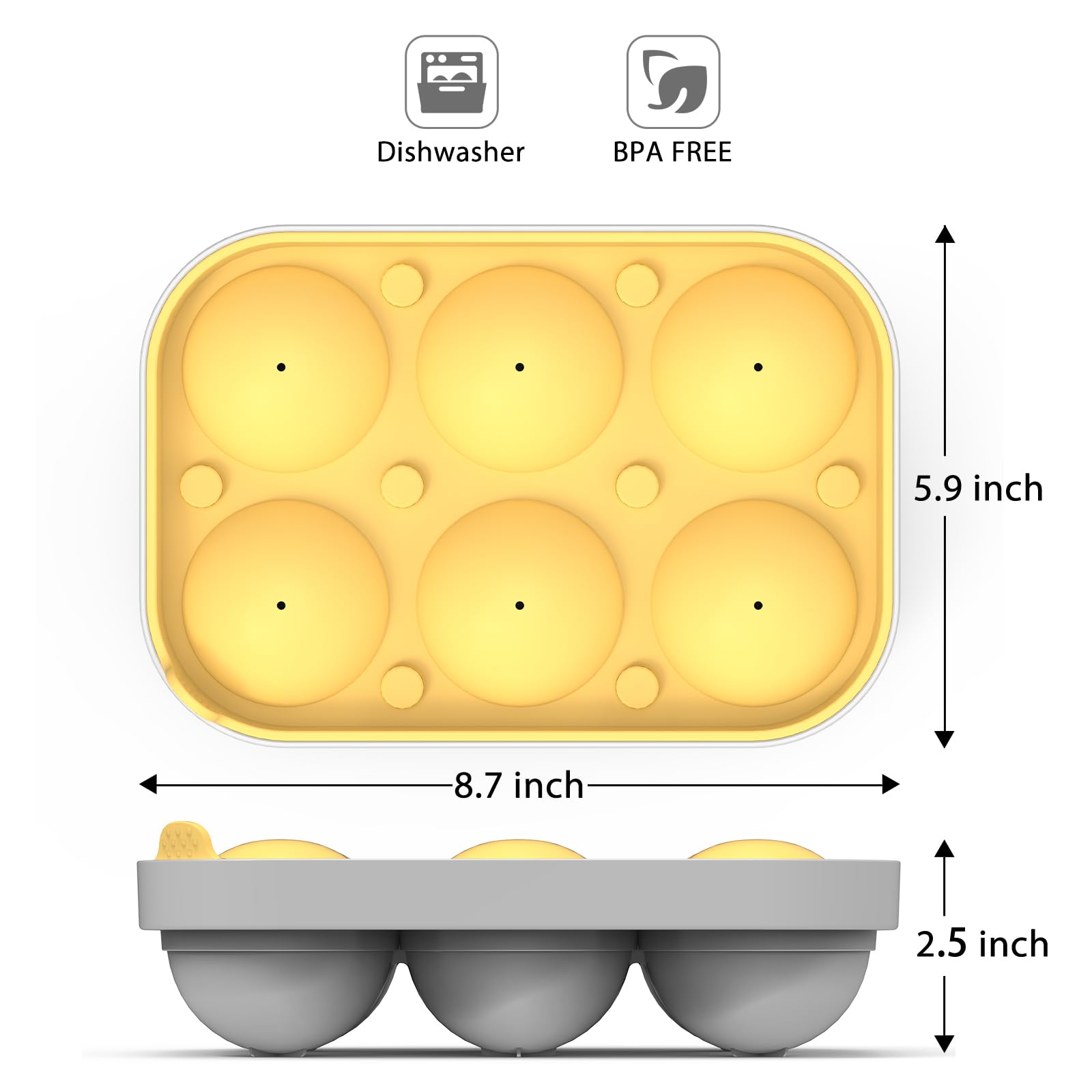 Winrock 2.5inch Spherical Ice Ball Tray For Whiskey, Big Ice Freezer Mold for Cocktails，Easy Fill In & Release Ice Cube Mold, Durable &Reusable Spherical Ice Maker (Sunshine)